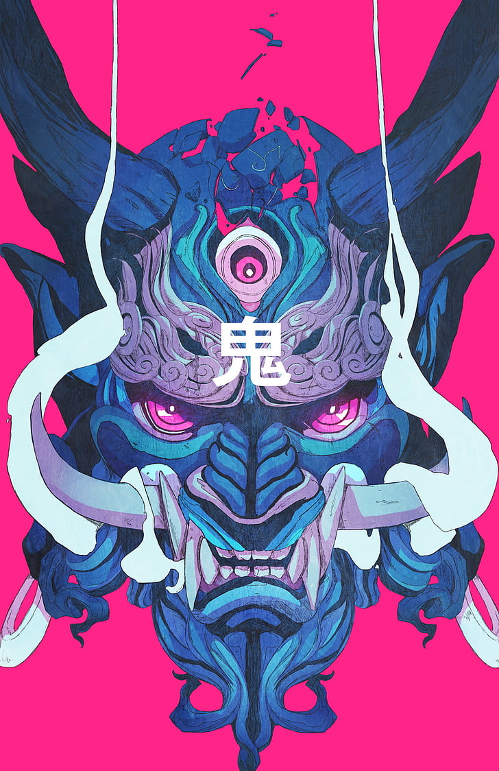 Blue And Gray Oni Mask Digital Wallpaper, Demon, Samurai