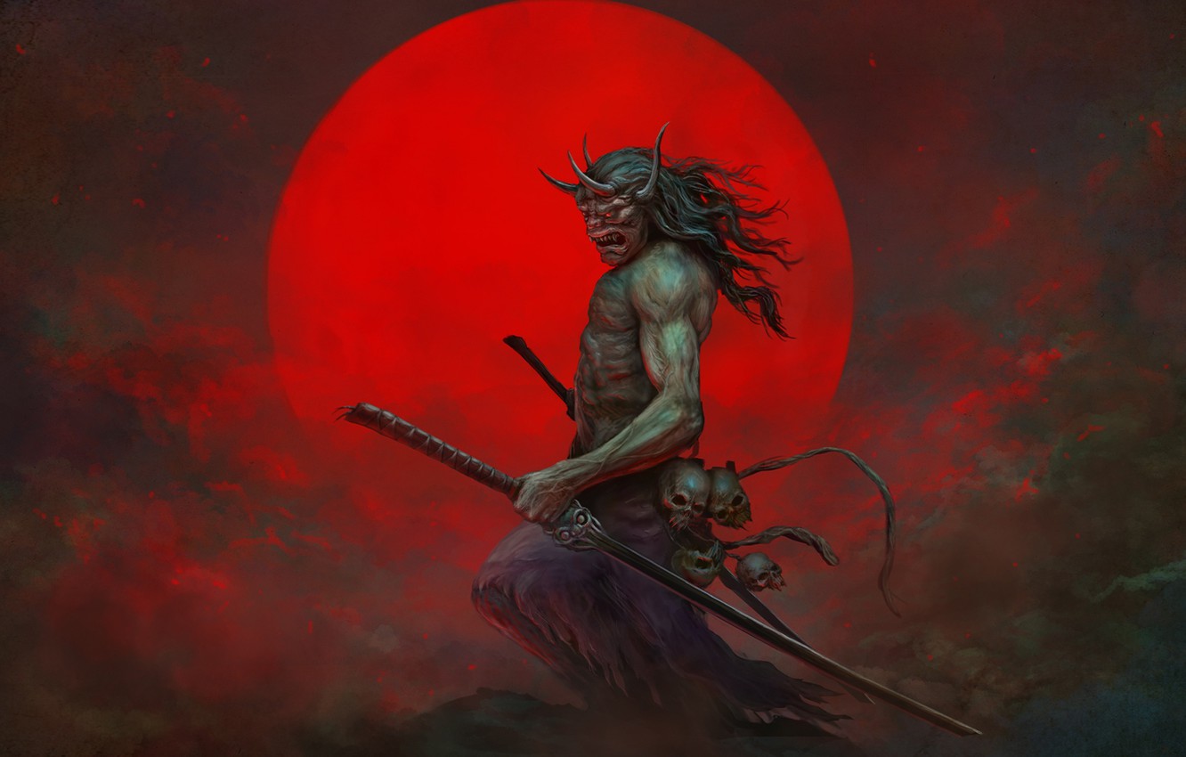 Wallpaper sword, the demon, samurai, red background image for desktop, section фантастика