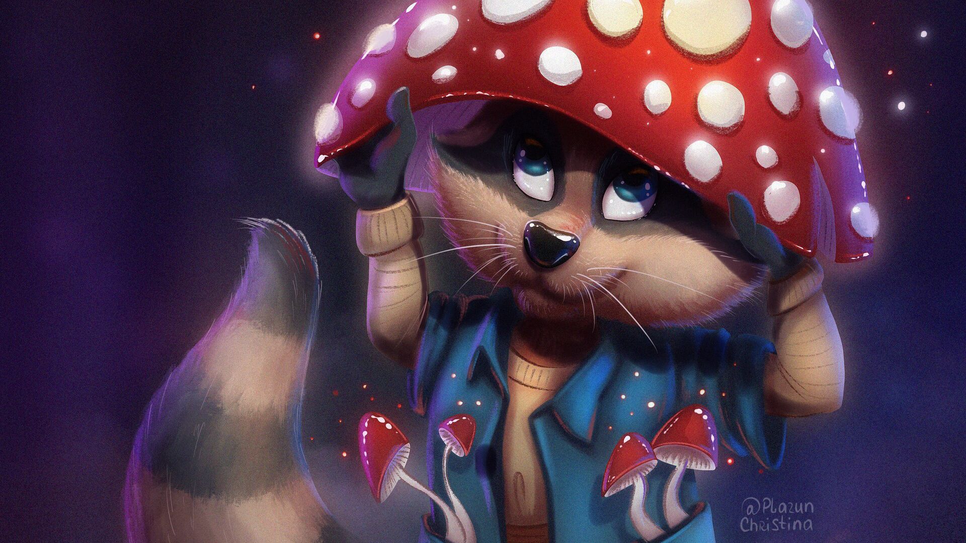 Download wallpaper 1920x1080 raccoon, mushroom, fly agaric, cute, art full hd, hdtv, fhd, 1080p HD background