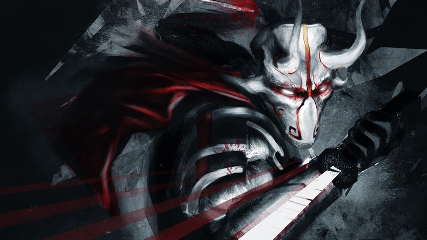 Wallpaper, mask, sword, demon, Dota samurai, Steam software, Defense of the Ancients, Juggernaut, darkness, 1366x768 px, computer wallpaper, fictional character, supervillain, cg artwork 1366x768