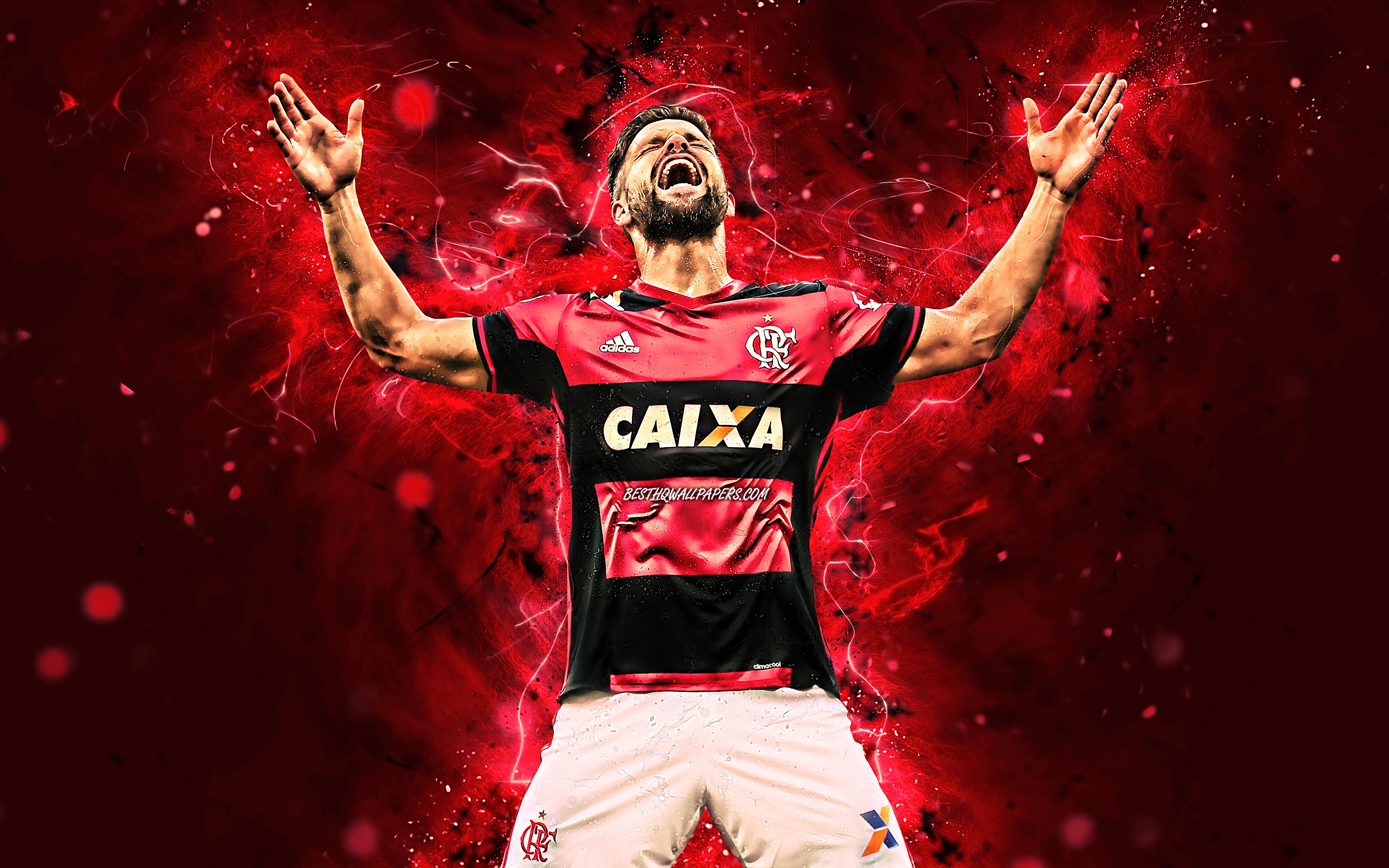 Download wallpaper Diego Ribas, 4k, Flamengo FC, striker, brazilian footballers, Diego, goal, soccer, Brazilian Serie A, neon lights, Brazil for desktop with resolution 3840x2400. High Quality HD picture wallpaper