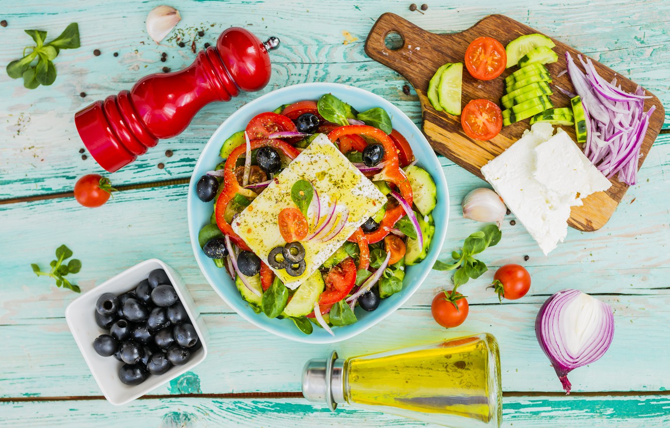 Wallpaper vegetables, olives, spices, Greek salad, feta cheese image for desktop, section еда