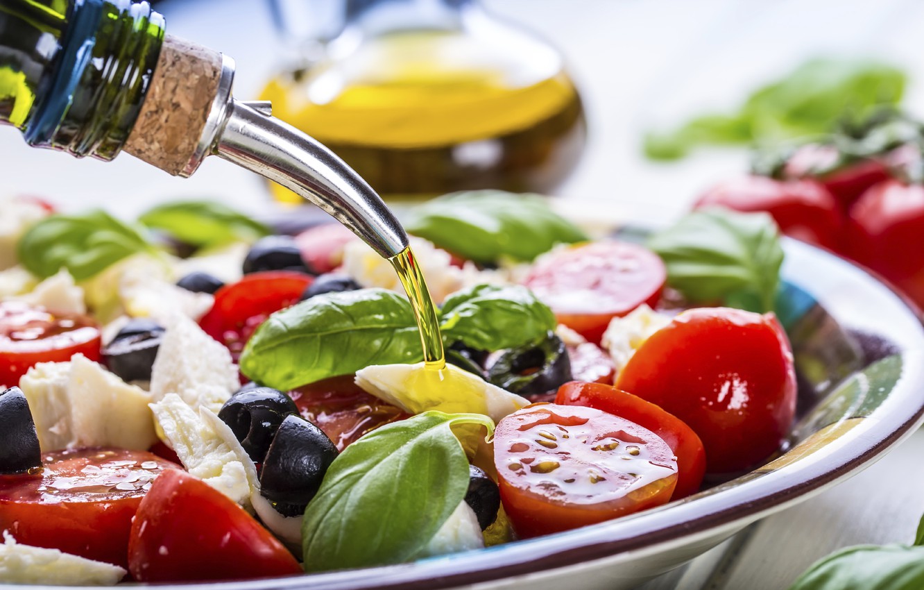 Wallpaper oil, tomatoes, salad, olives, Greek, Basil, feta image for desktop, section еда