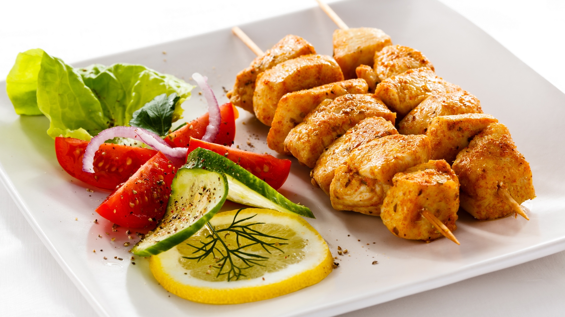 Wallpaper, meat, spices, Plate, Cucumber, lemon, tomato, skewer, vegetarian food, fried food, recipe, side dish, garnish, shish kebab, grilled food, mediterranean food, souvlaki, chicken tikka, greek food, pakora, indian cuisine, middle