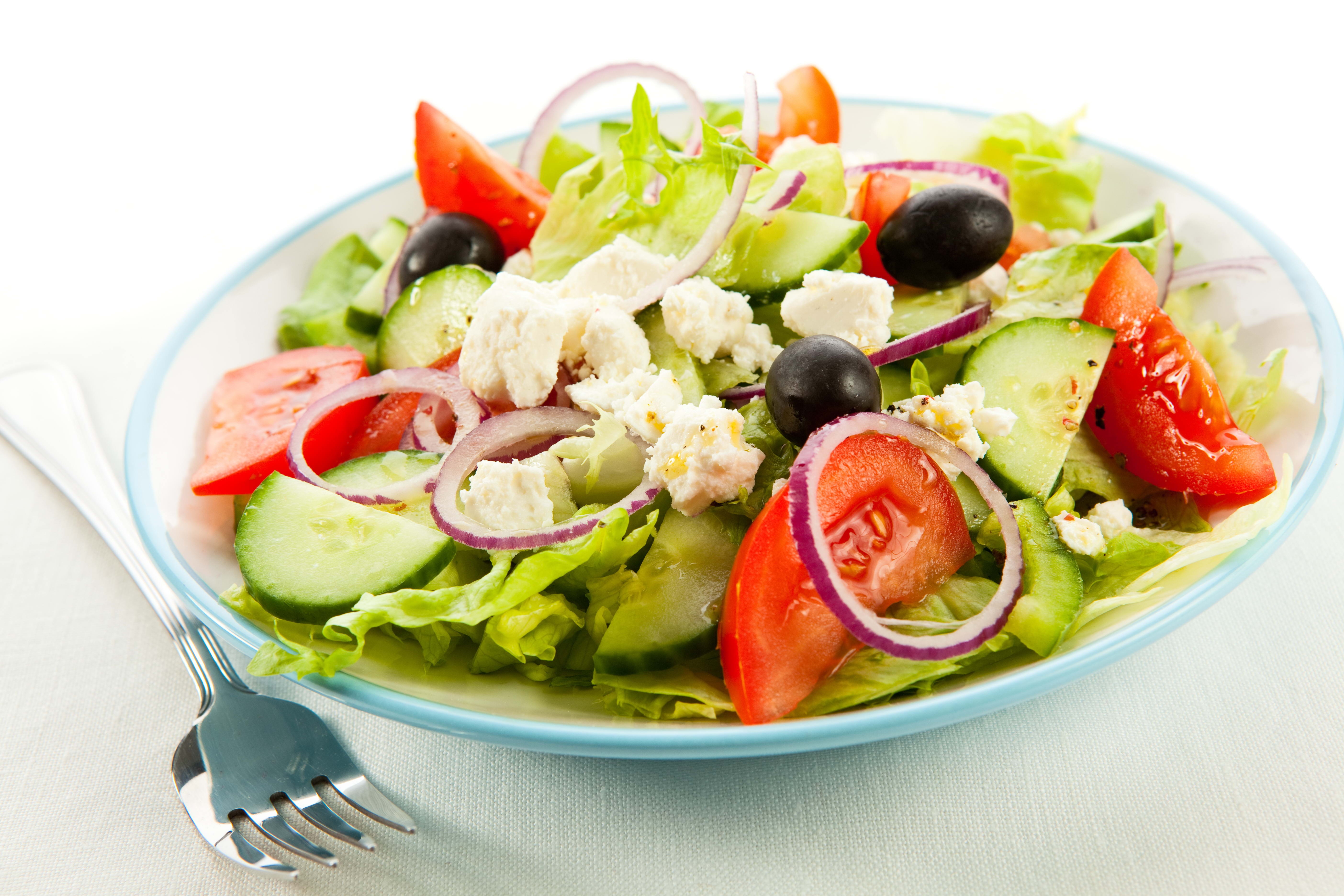 Wallpaper, fruit, fork, Plate, olives, cuisine, dish, produce, land plant, flowering plant, vegetable, pasta salad, greek food, caesar salad, tuna salad, greek salad 5616x3744