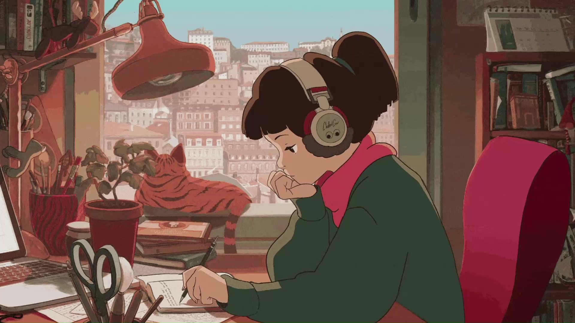 Girl With Headphones Studying In Room Live Wallpaper