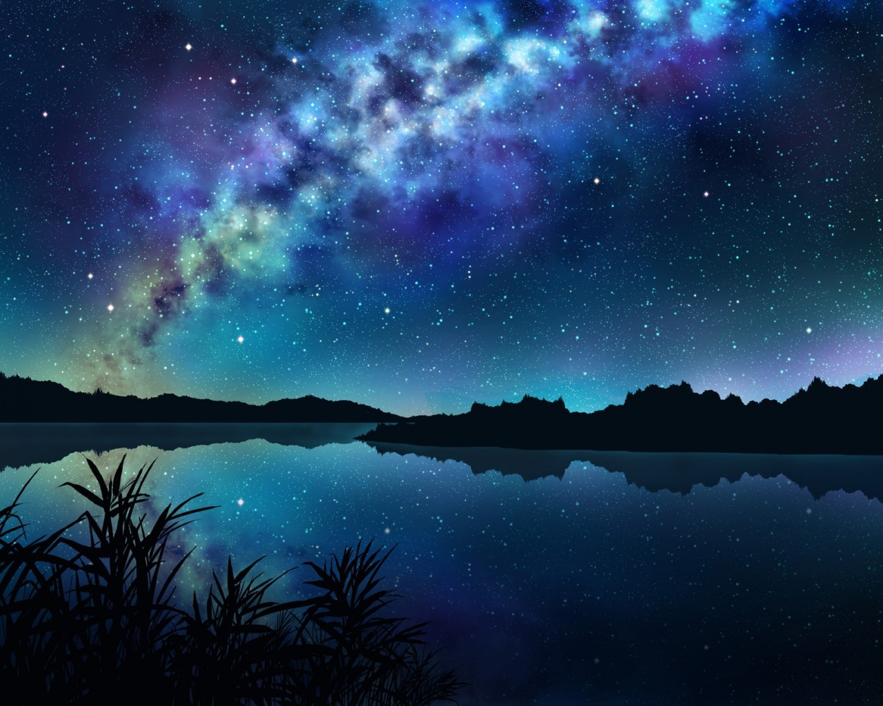 Download 1280x1024 Anime Landscape, River, Night, Stars, Reflection Wallpaper