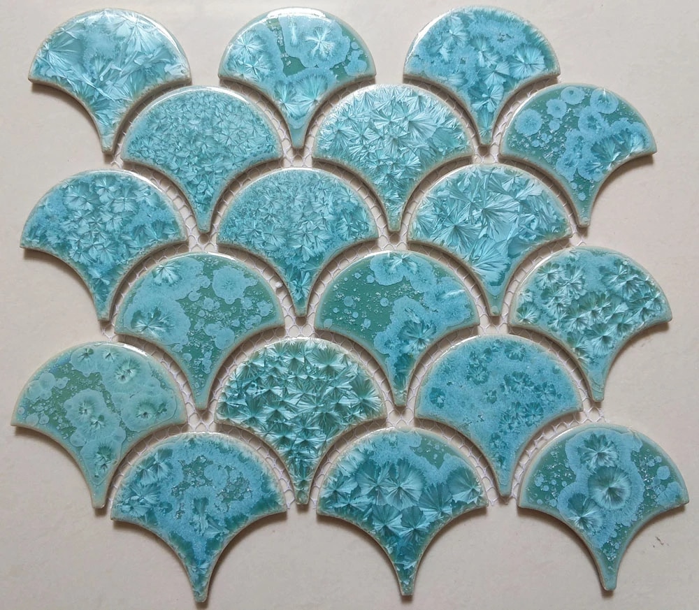 New blue fish scale ceramic mosaic tile kitchen backsplash bathroom swimming pool wall shower wallpaper porcelain background. Wallpaper