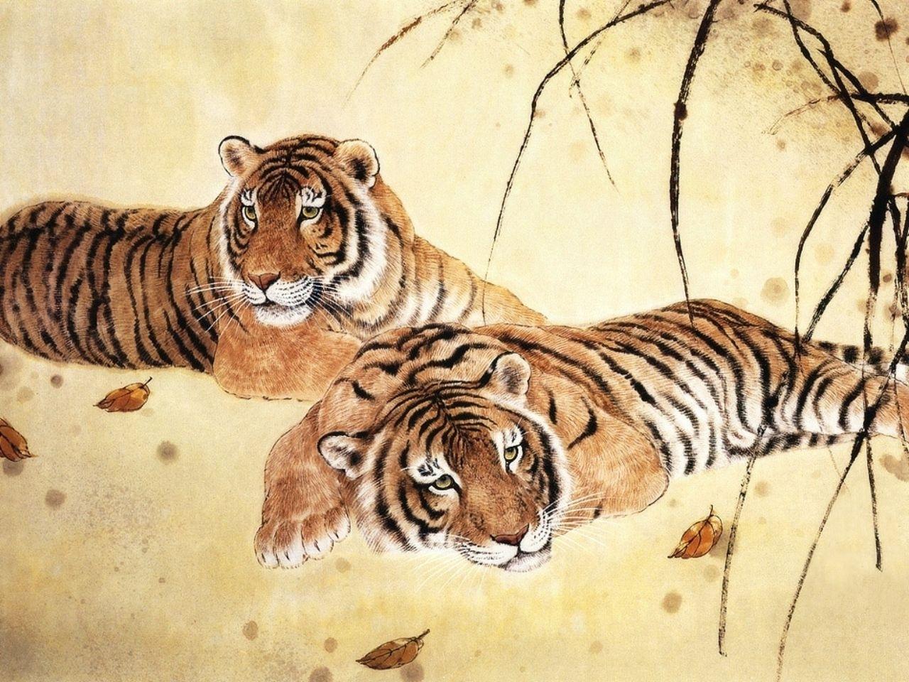 Desktop Wallpaper tiger Big cats Animals Painting Art
