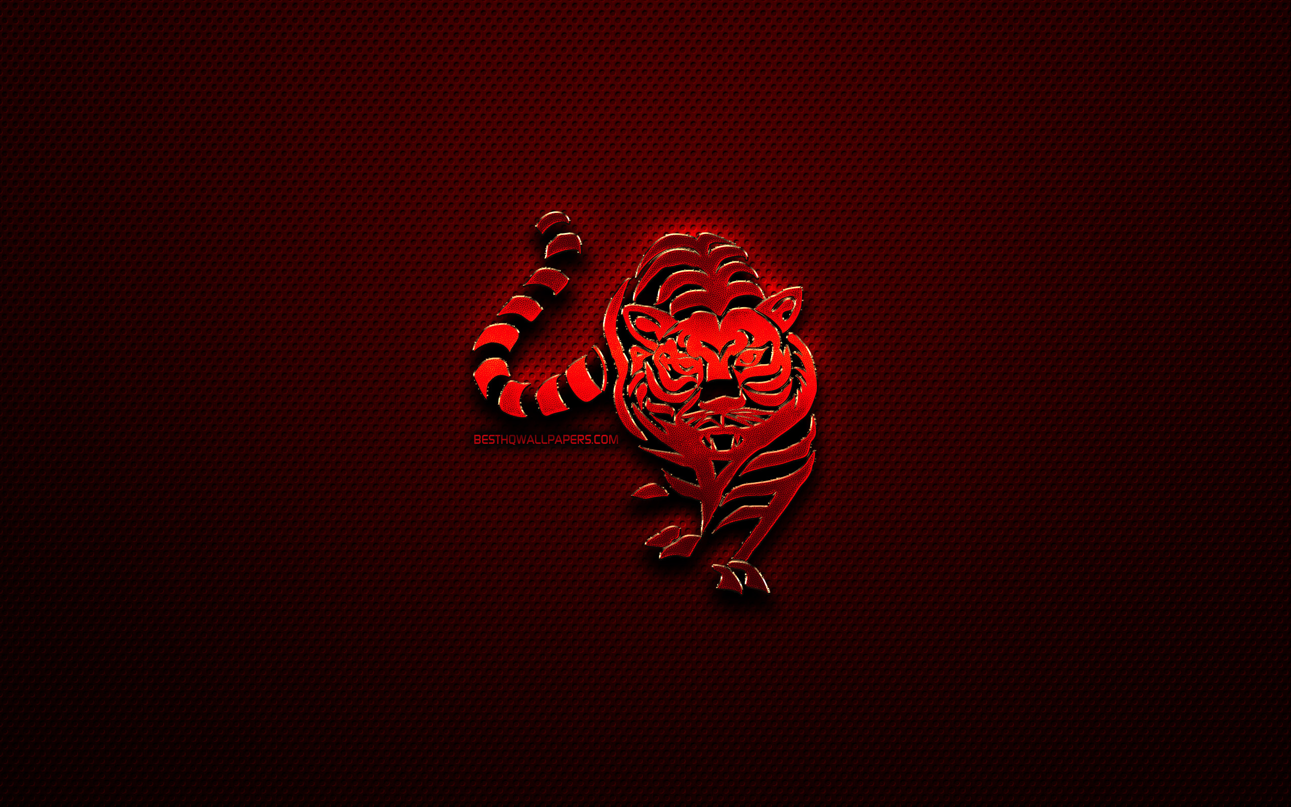 Download wallpaper Tiger zodiac, creative, chinese zodiac metal signs, Chinese calendar, Tiger zodiac sign, chinese zodiac, animals signs, red metal grid background, Chinese Zodiac Signs, artwork, Tiger for desktop with resolution 2560x1600