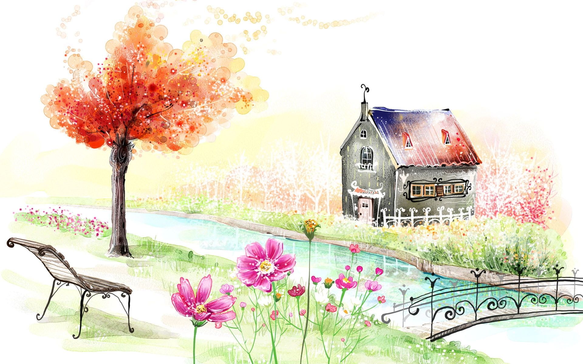 Spring garden house beautiful painting #Spring #Garden #House #Beautiful # Painting P #wallpaper #hdwal. Painting, Beautiful art paintings, Painting wallpaper
