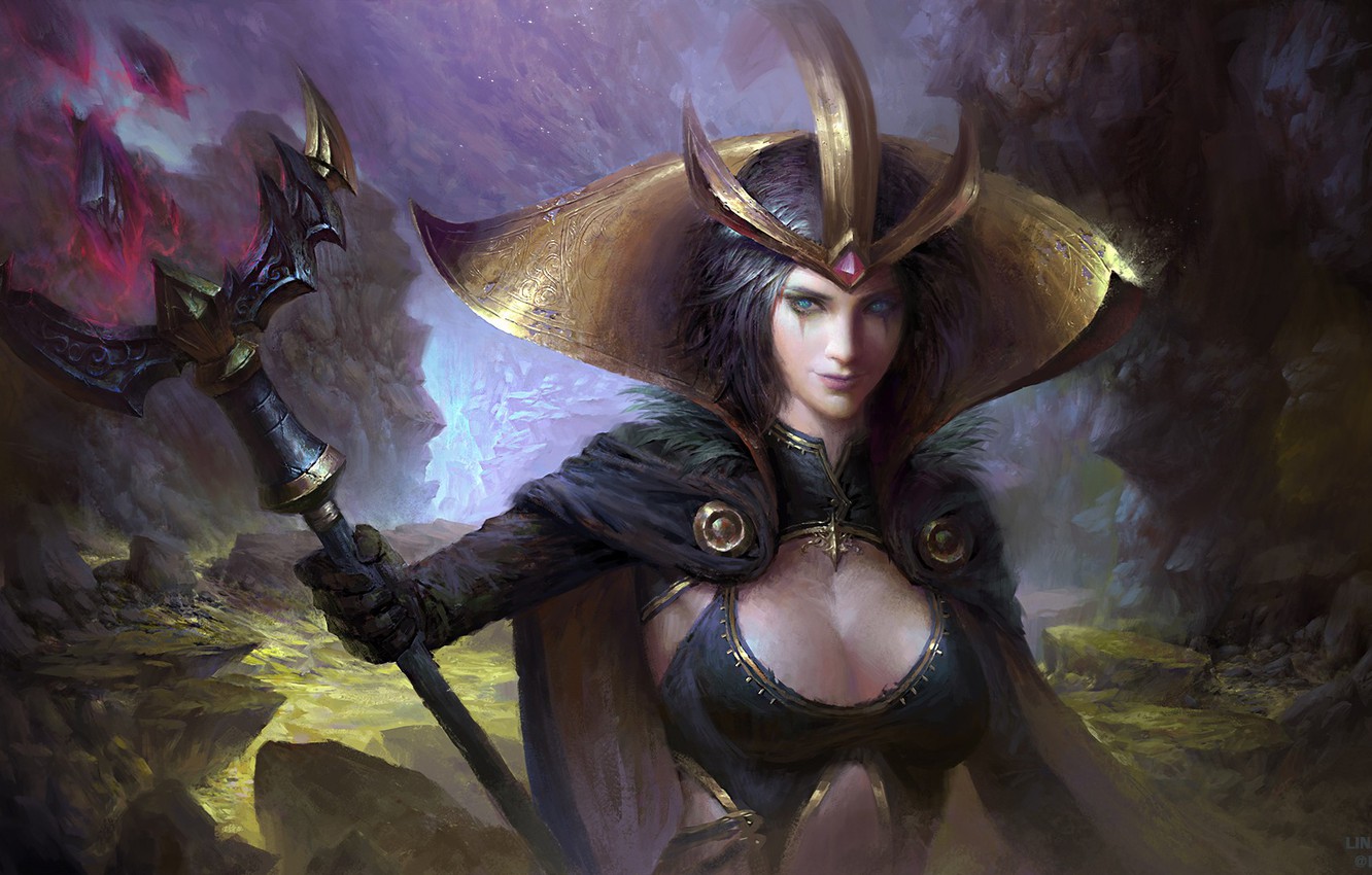 Wallpaper girl, fantasy, game, magic, breast, crown, artwork, fantasy art, chest, cape, LeBlanc, fantasy girl, scepter, Leauge of Legends image for desktop, section игры