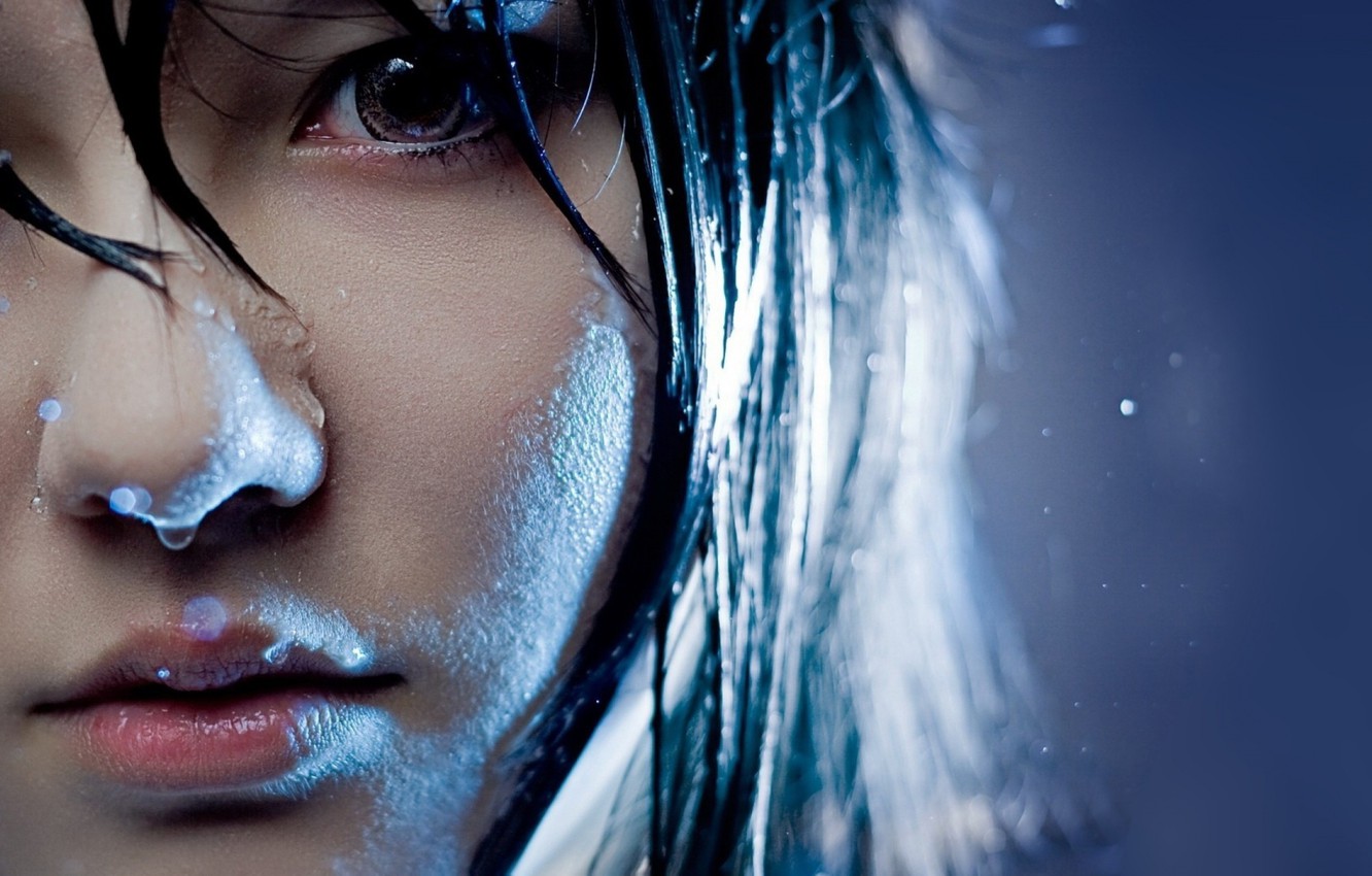 Wallpaper Girl, Asian, Black, Water, Face, Hair, Drops image for desktop, section девушки