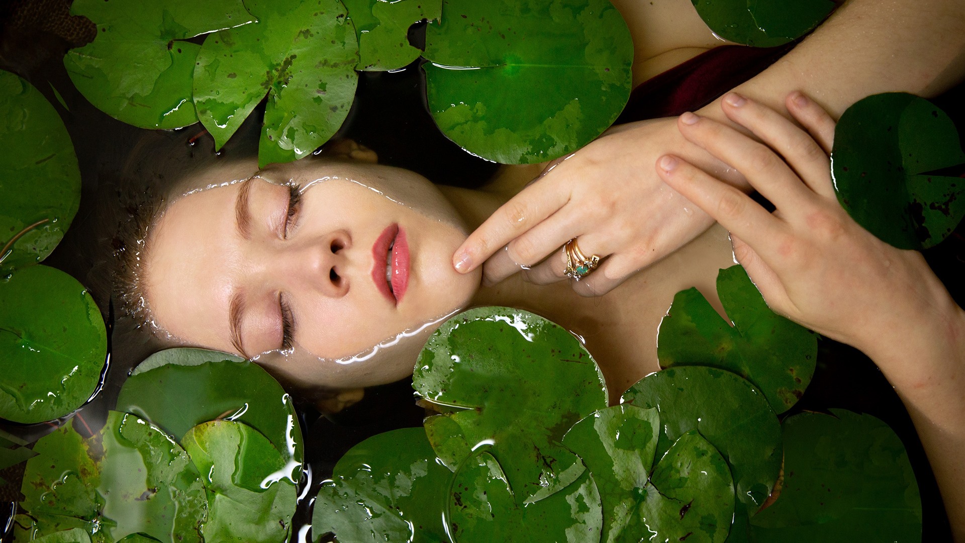 Wallpaper Girl, water, face, water lily leaves 2880x1800 HD Picture, Image