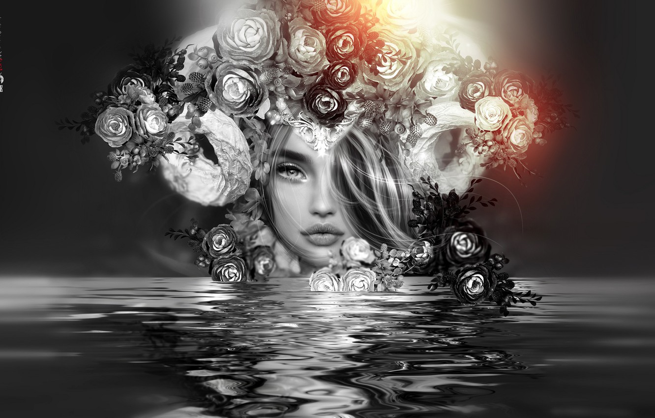 Wallpaper water, girl, flowers, face, reflection, wreath image for desktop, section рендеринг