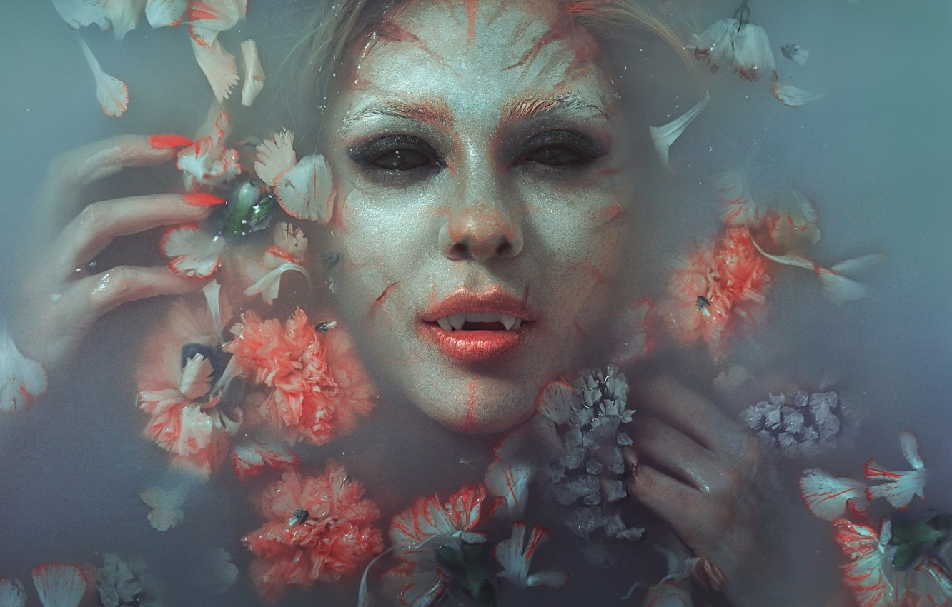 Wallpaper water, flowers, face, model, makeup, vampire image for desktop, section стиль