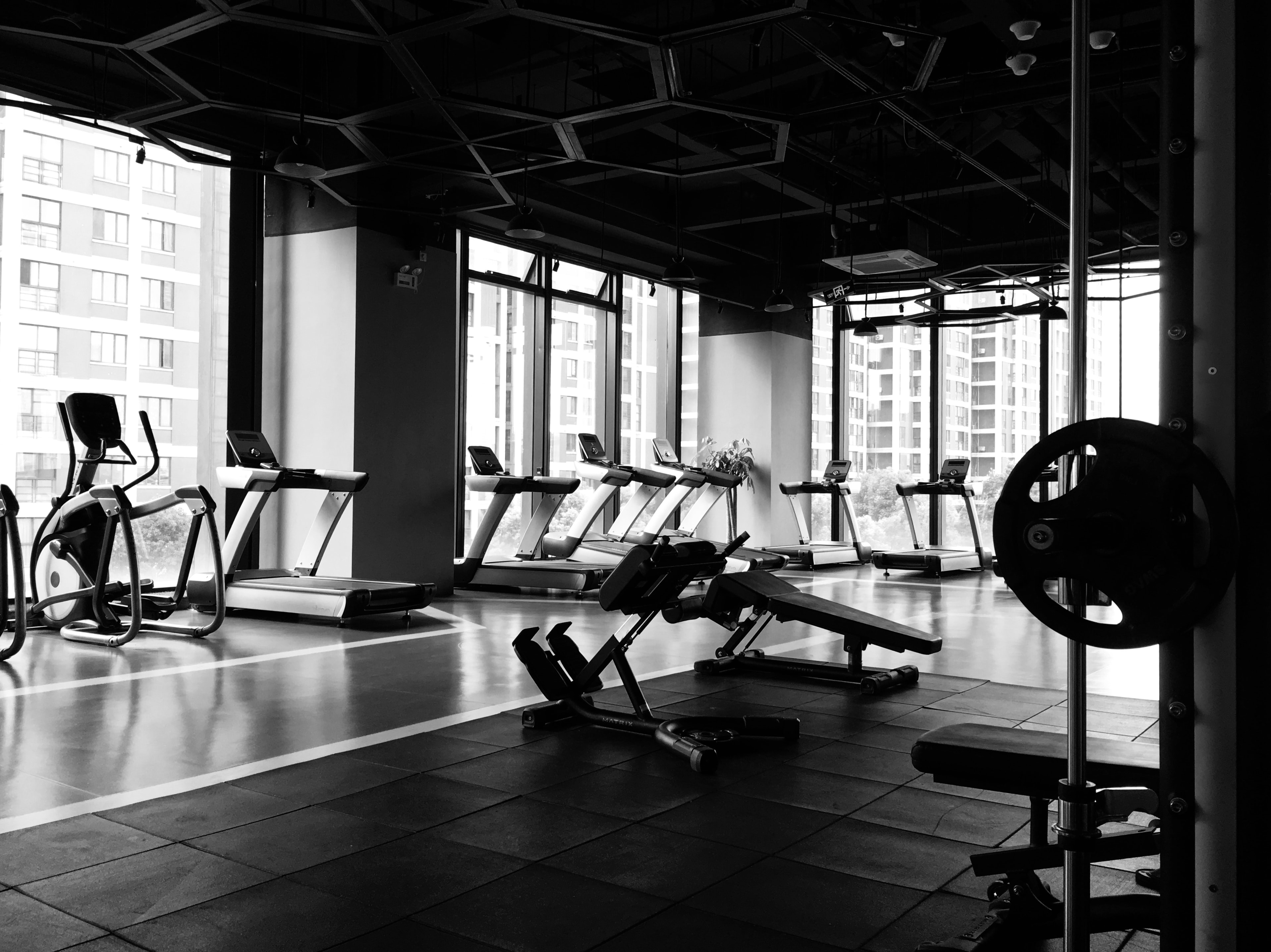 gym wallpaper hd, gym, physical fitness, room, exercise equipment, sport venue, strength training, black and white, weight training, crossfit, monochrome