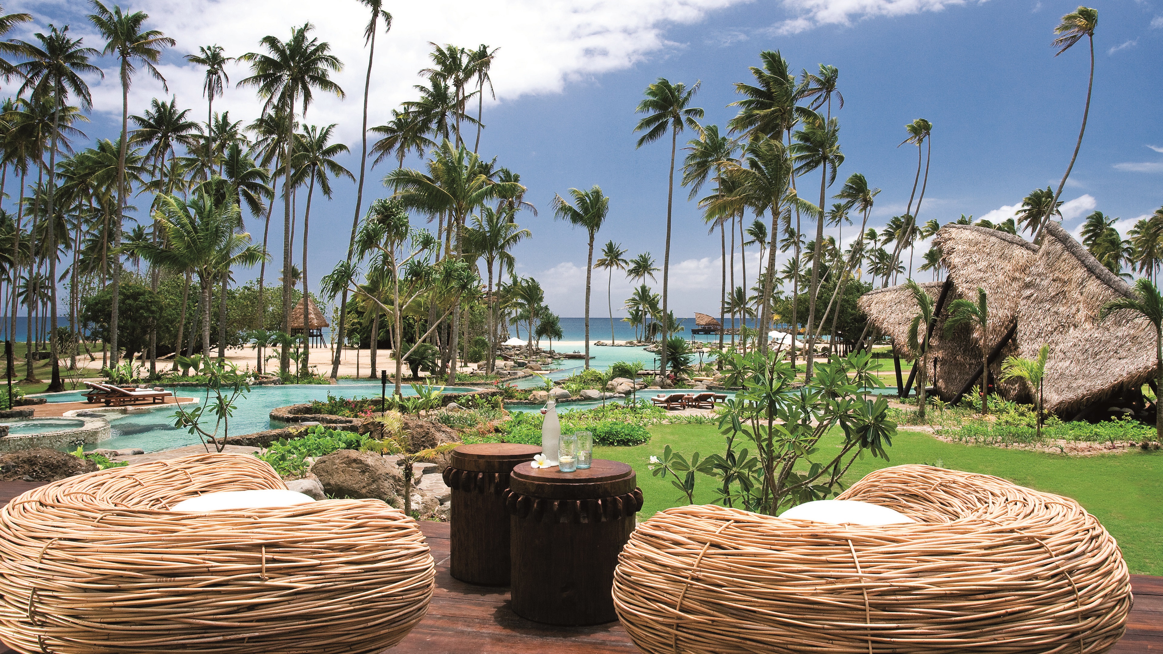 Wallpaper Resort, sea, palm trees, pool, Laucala Island, Fiji 3840x2160 UHD 4K Picture, Image