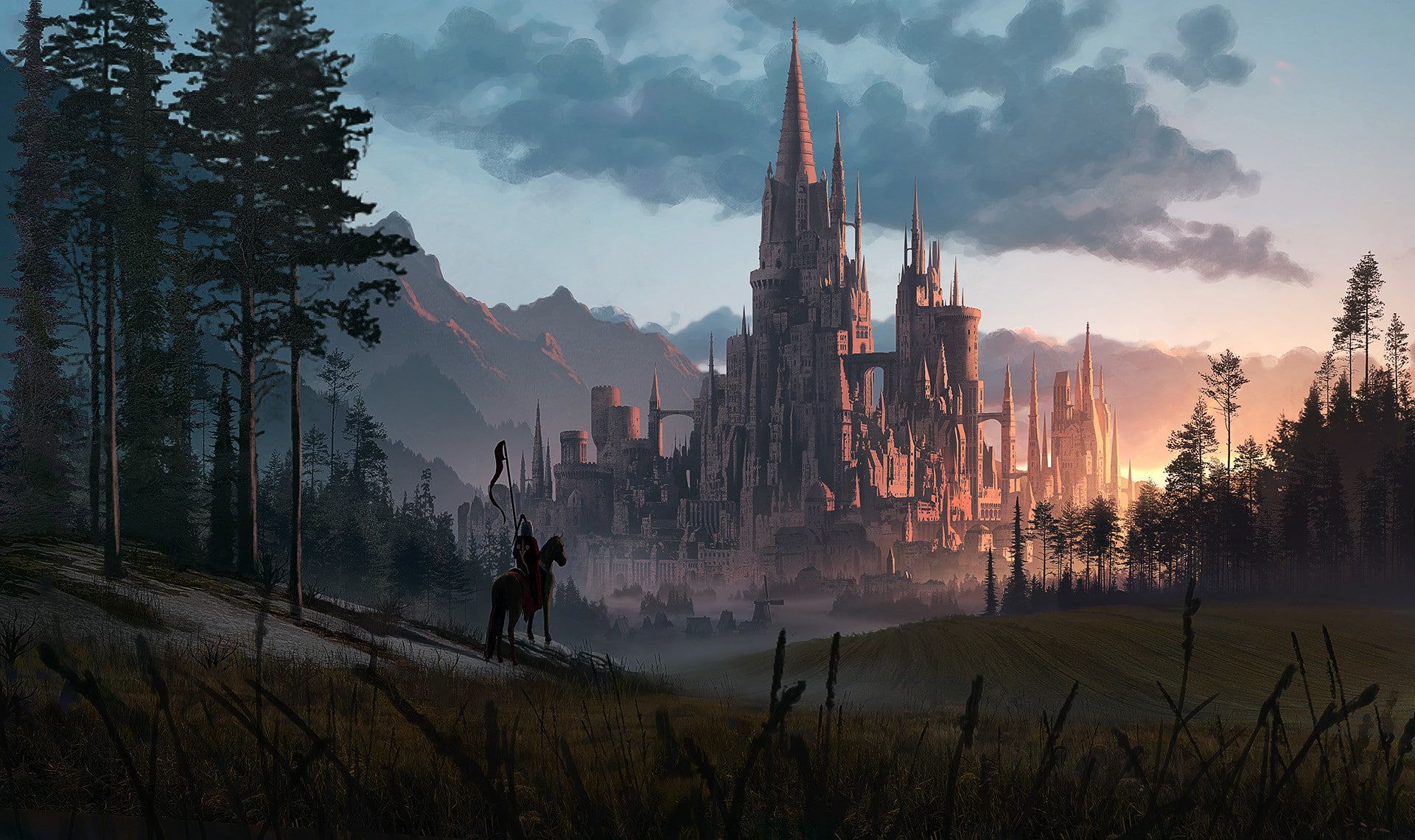 digital art #knight #soldier #flag #horse #landscape #forest #castle #illustration fantasy art #medieva. Fantasy castle, Fantasy art landscapes, Fantasy landscape