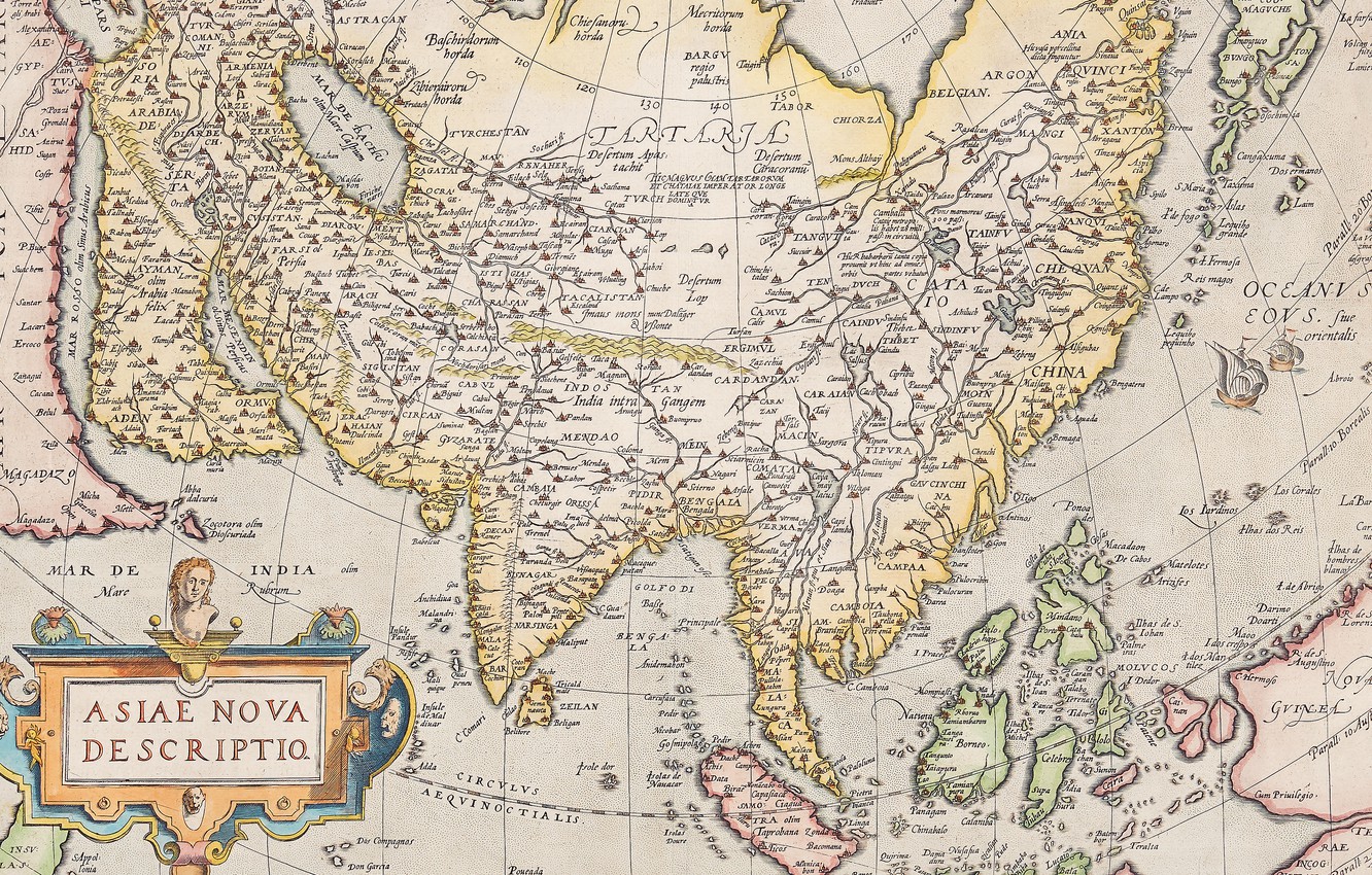 Wallpaper Asia, Atlas, old maps, old maps, Abraham Ortelius, Theatre Of The World, Antwerp 1574- Asia Nova Descriptio image for desktop, section текстуры