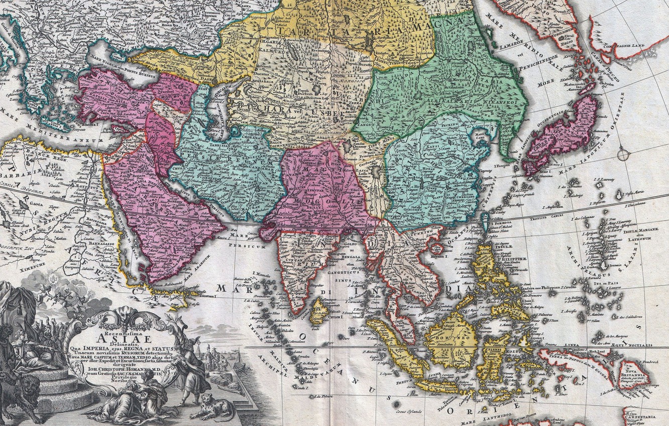 Wallpaper old maps, geography, 18th century map of Asia, Johann Christoph Homann, Map of Asia 18th century, Johann Christoph Hohmann image for desktop, section разное