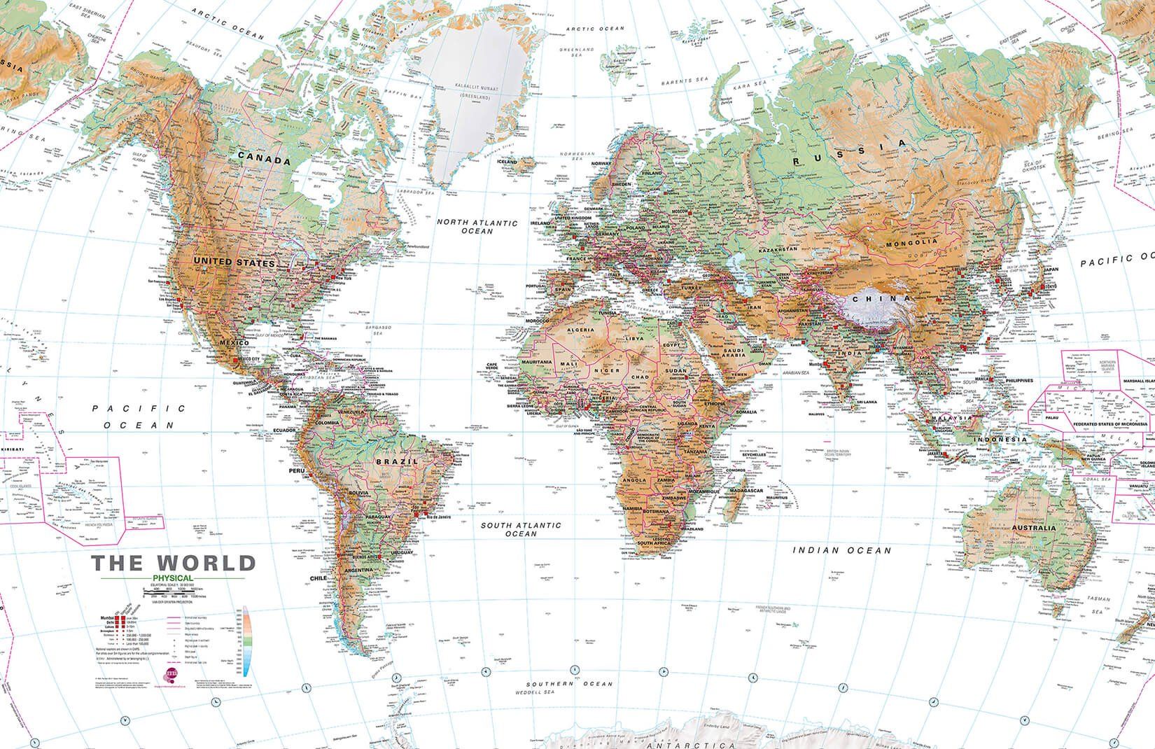 White & Earth Tone World Map Wallpaper Mural. Hovia. World map poster, Map murals, Map wall mural