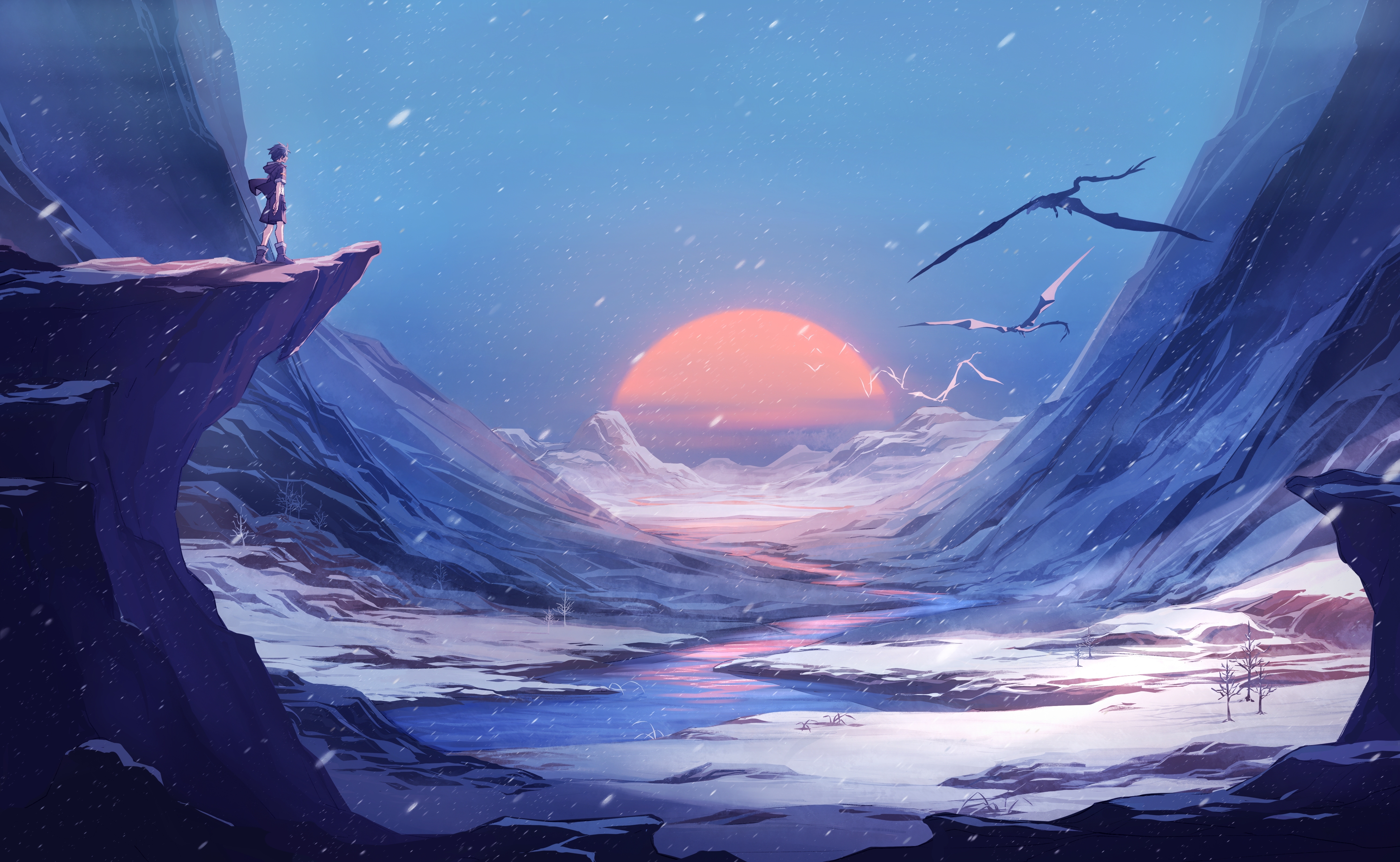 Wallpaper Fantasy World, Cliff, Scenic, Anime Boy, Landscape, Snow, Winter:5200x3200