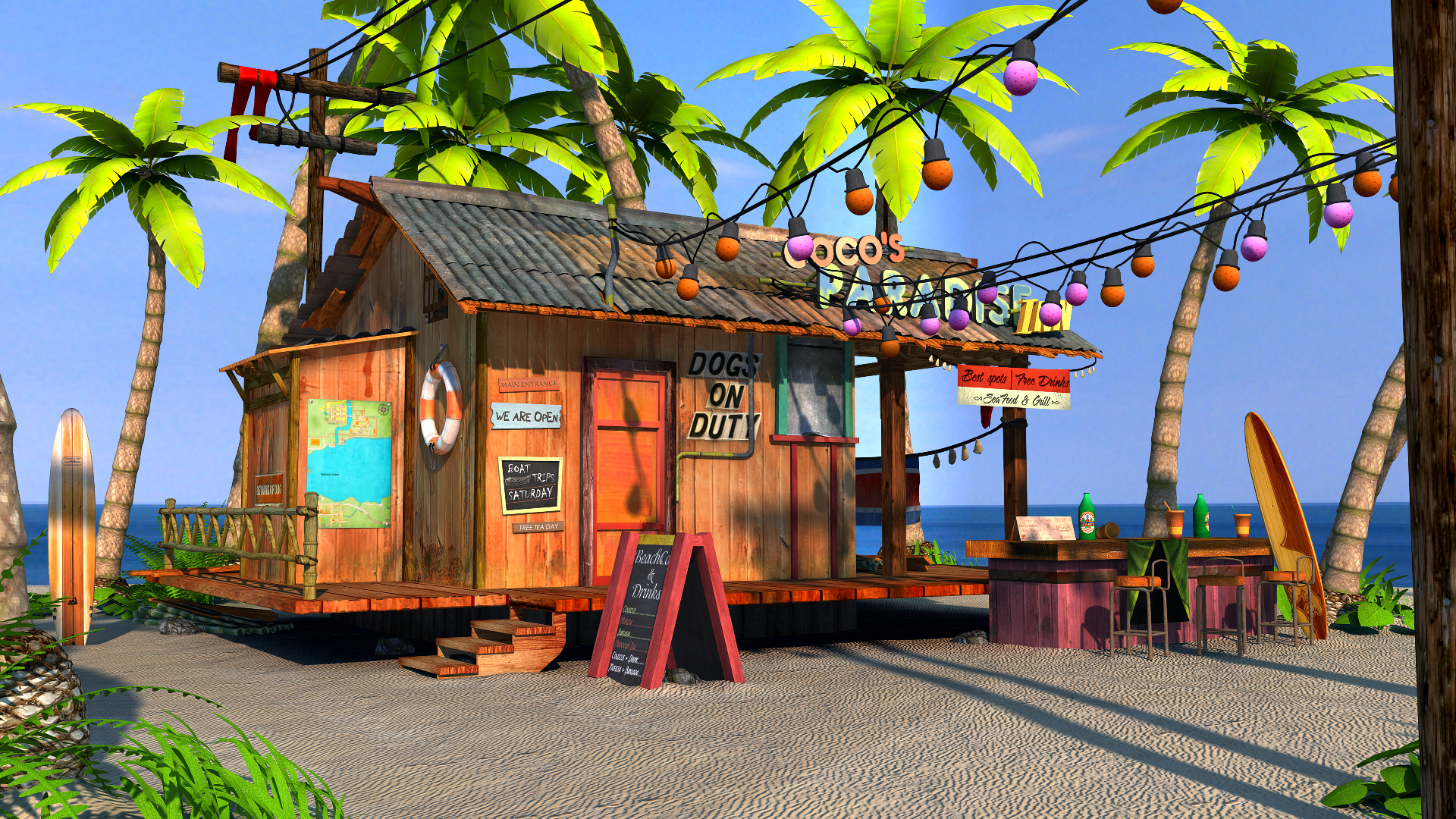 3D Beach Bar Shore Scene View1. Beach Bars, Caribean Beach, Beach Shacks
