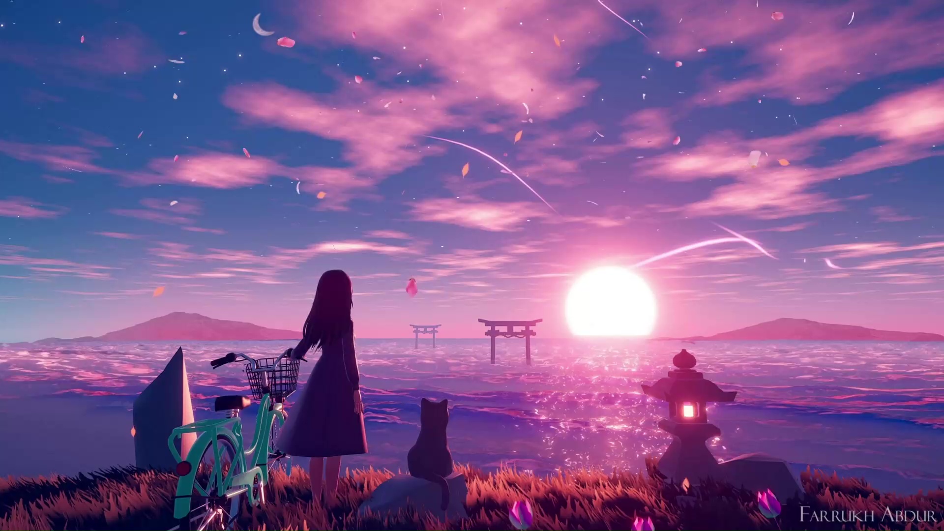 Anime Girl With Cat Looking Towards Sunset Live Wallpaper