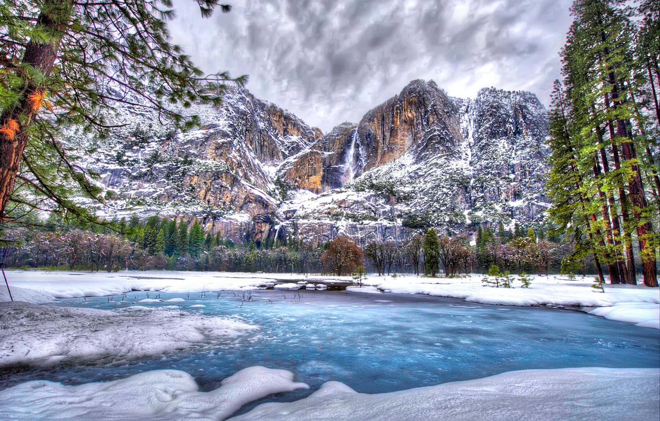Wallpaper winter, snow, trees, mountains, lake, HDR, USA, Yosemite National Park image for desktop, section пейзажи