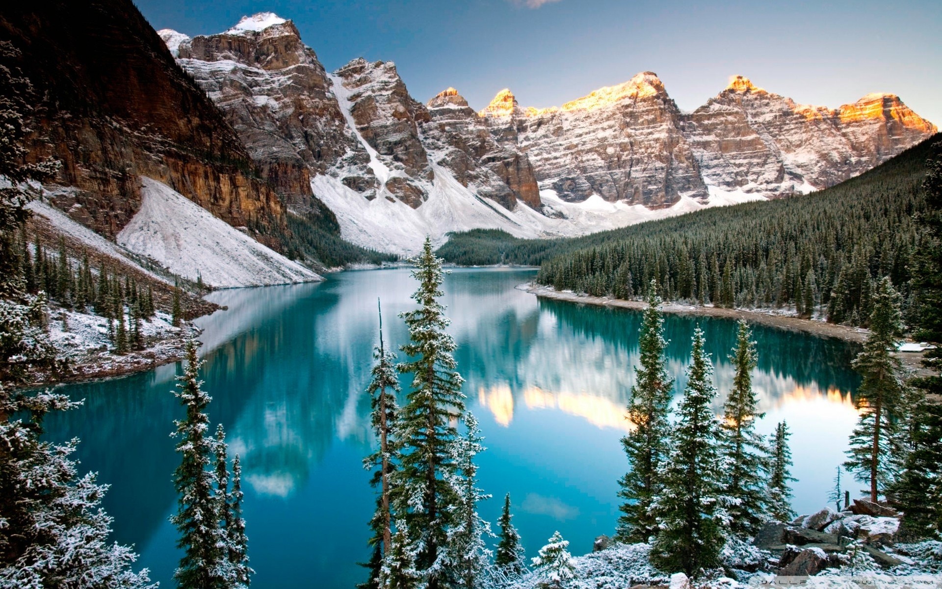 Wallpaper, landscape, nature, reflection, snow, winter, national park, wilderness, Lake Louise, Alps, crater lake, tree, autumn, season, mountainous landforms, landform, mountain range 1920x1200