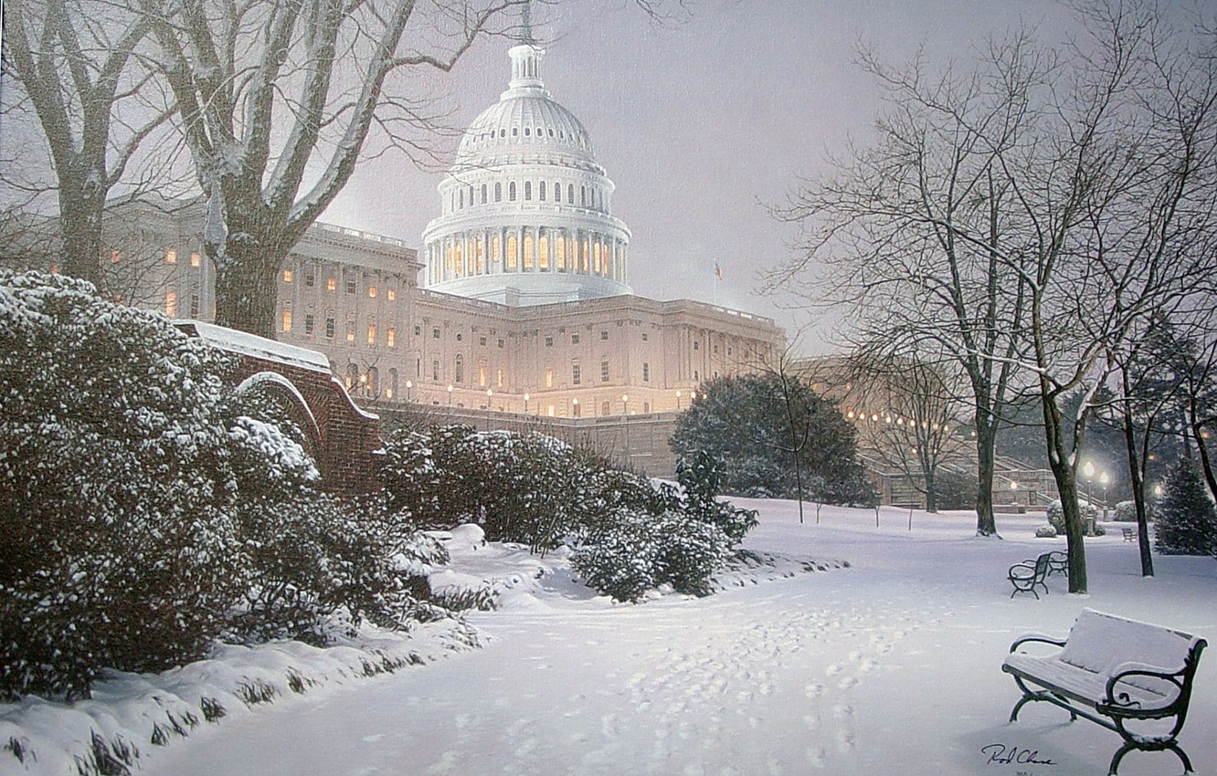Wallpaper winter, light, snow, Park, lighting, hill, lights, Washington, tree, USA, USA, Capitol, painting, bench, park, winter image for desktop, section живопись