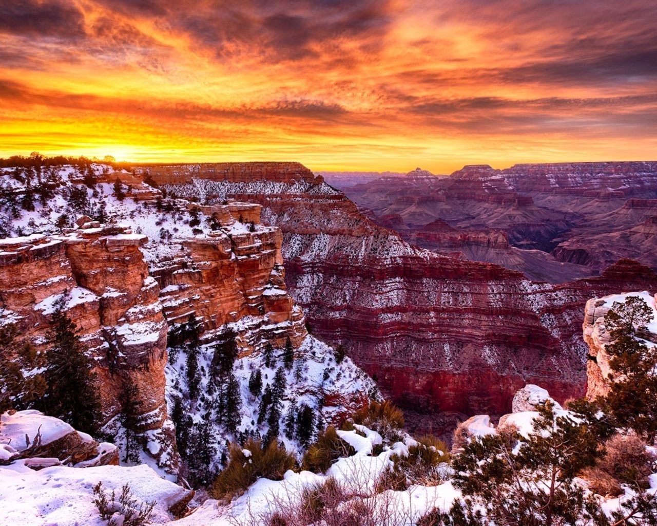 Grand Canyon National Park Arizona United States Winter Snow Red Sky Sunset, Wallpaper13.com