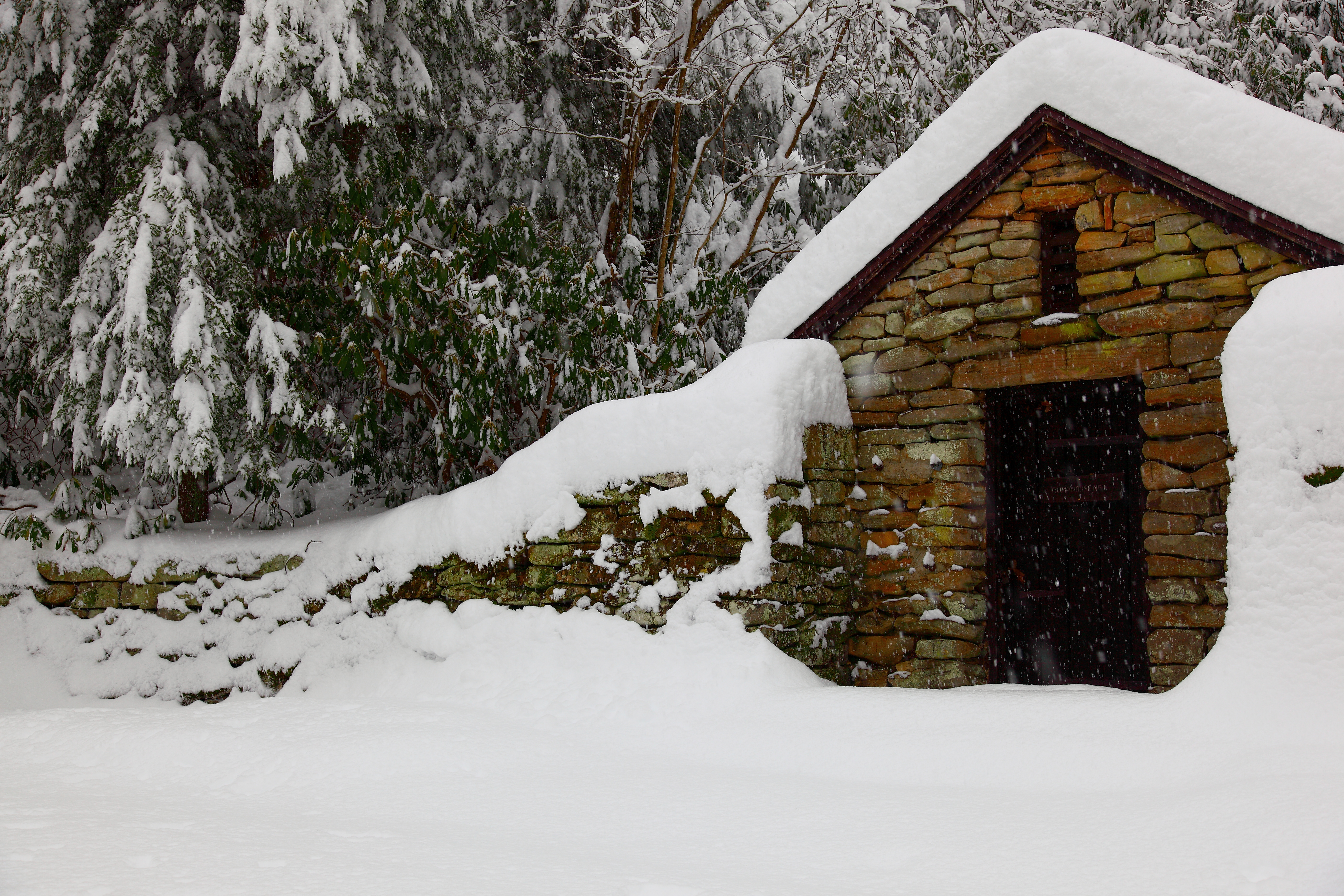 Babcock State Park Winter Rock Shed Snow Falling Pub