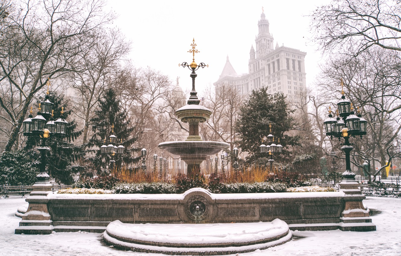 Wallpaper USA, United States, Winter, New York, Manhattan, NYC, New York City, snow, Lower Manhattan, City Hall, America, fountain, United States of America, landmark, New York City Hall, City Hall Park image