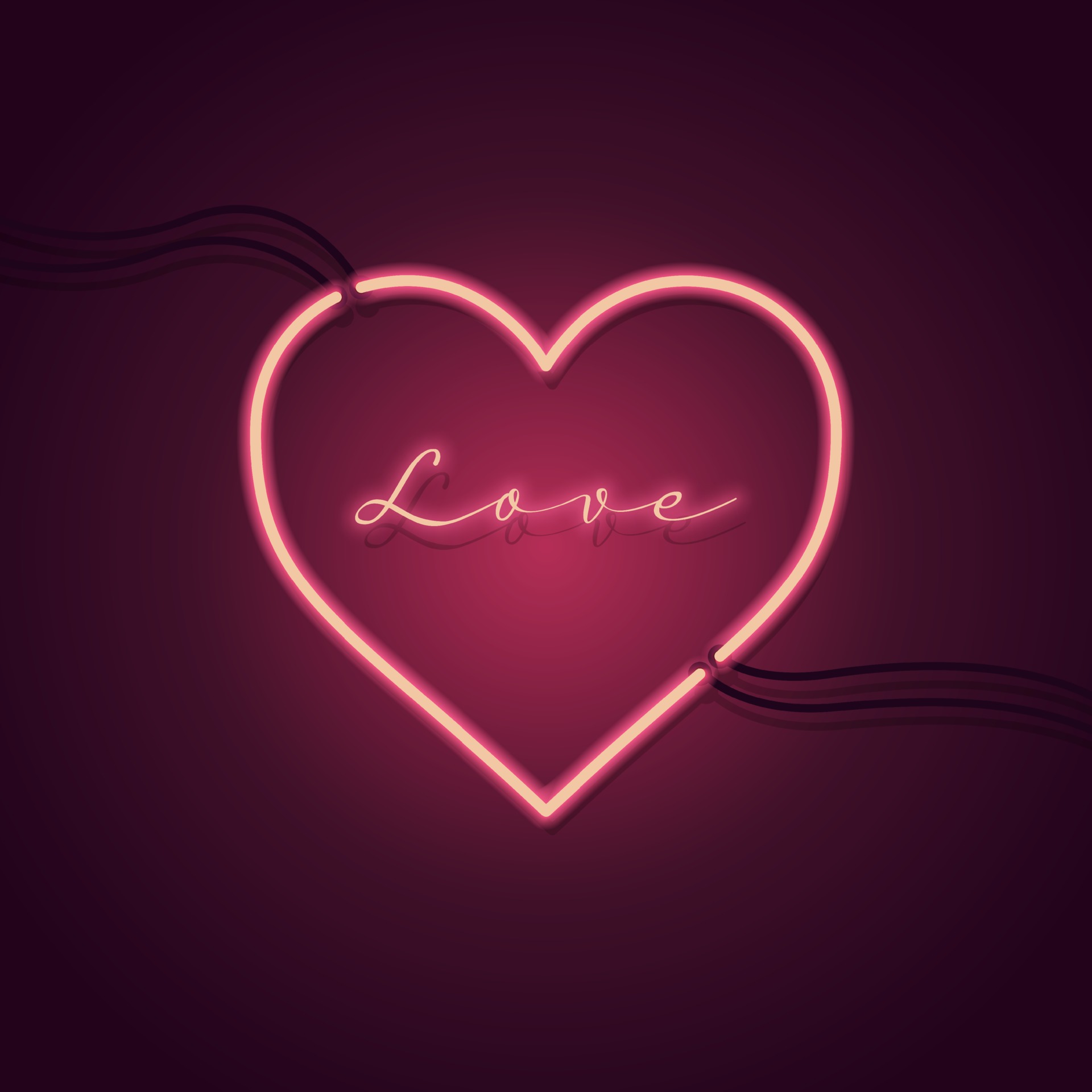 Love and heart neon sign. Neon heart sign on pink background. Design element for Happy Valentine's Day