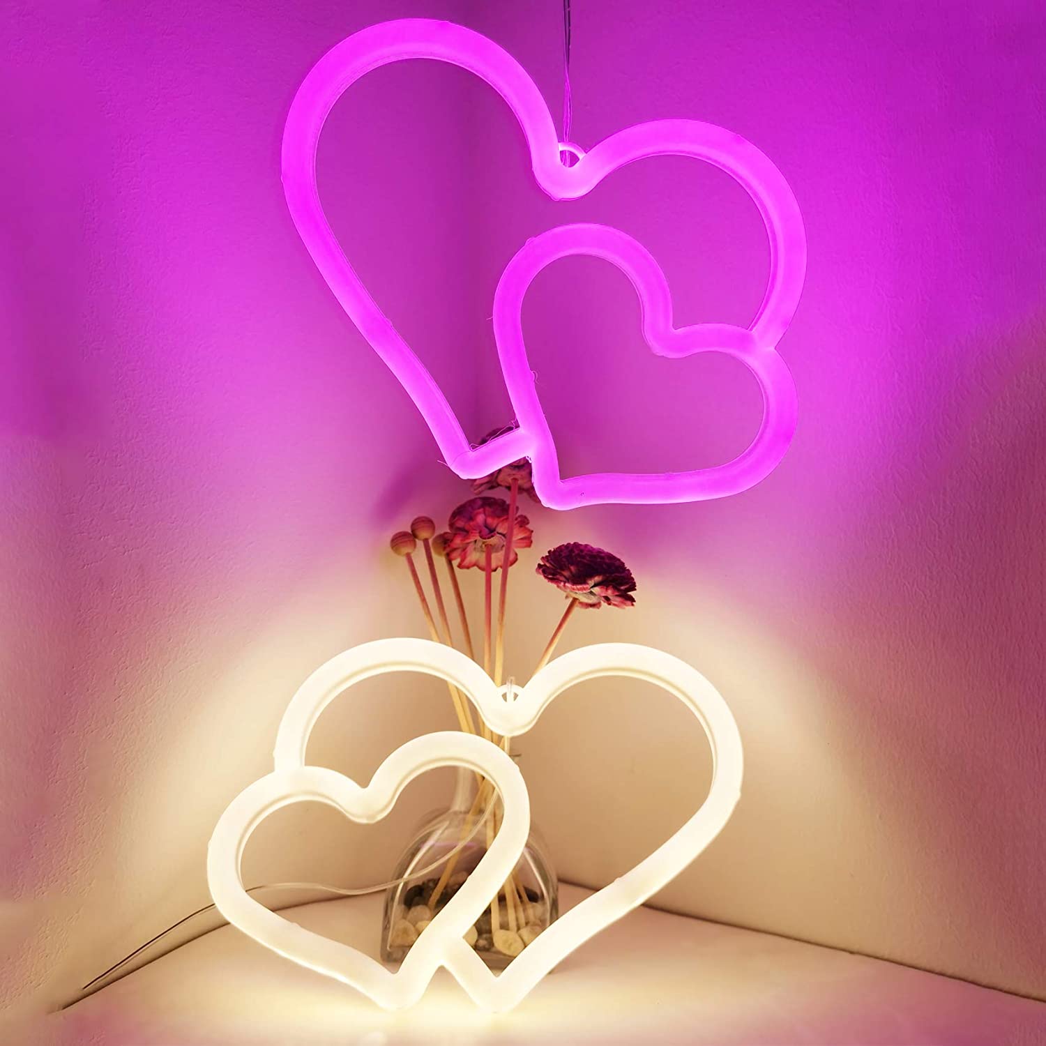 Buy 2 Pack Heart Neon Signs for Wall Decor USB or Battery Operated Decorative Neon Lights for Bedroom, LED Neon Sign Neon Light for Bar, Valentines Day, Party, Wedding, Kids Room, Girls