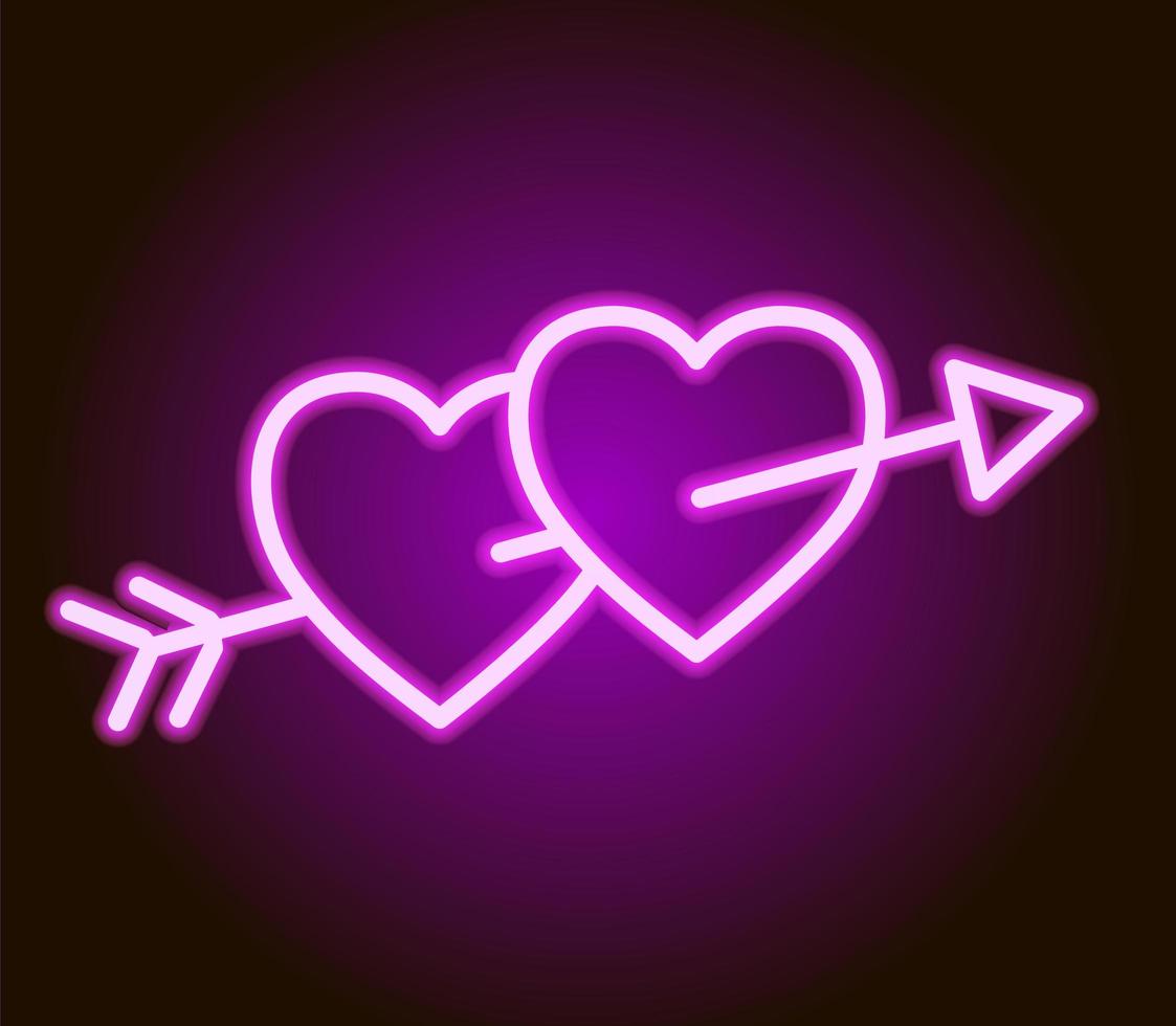 Arrow through two hearts. Valentines day icon. Neon sign