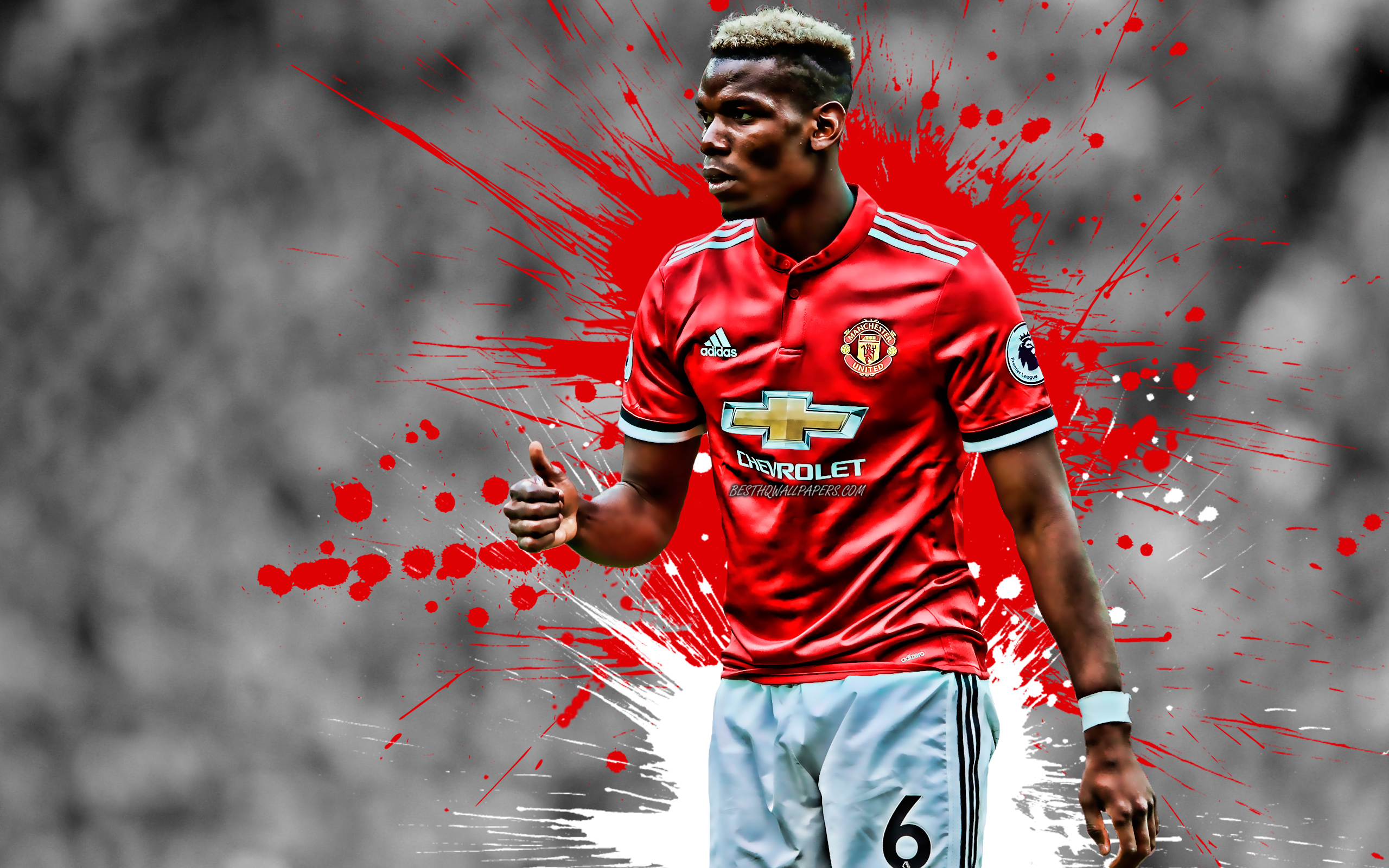 Download wallpaper Paul Pogba, Manchester United FC, French footballer, midfielder, goal, joy, portrait, Premier League, England, famous footballers, creative art, football, Pogba for desktop with resolution 2560x1600. High Quality HD picture wallpaper