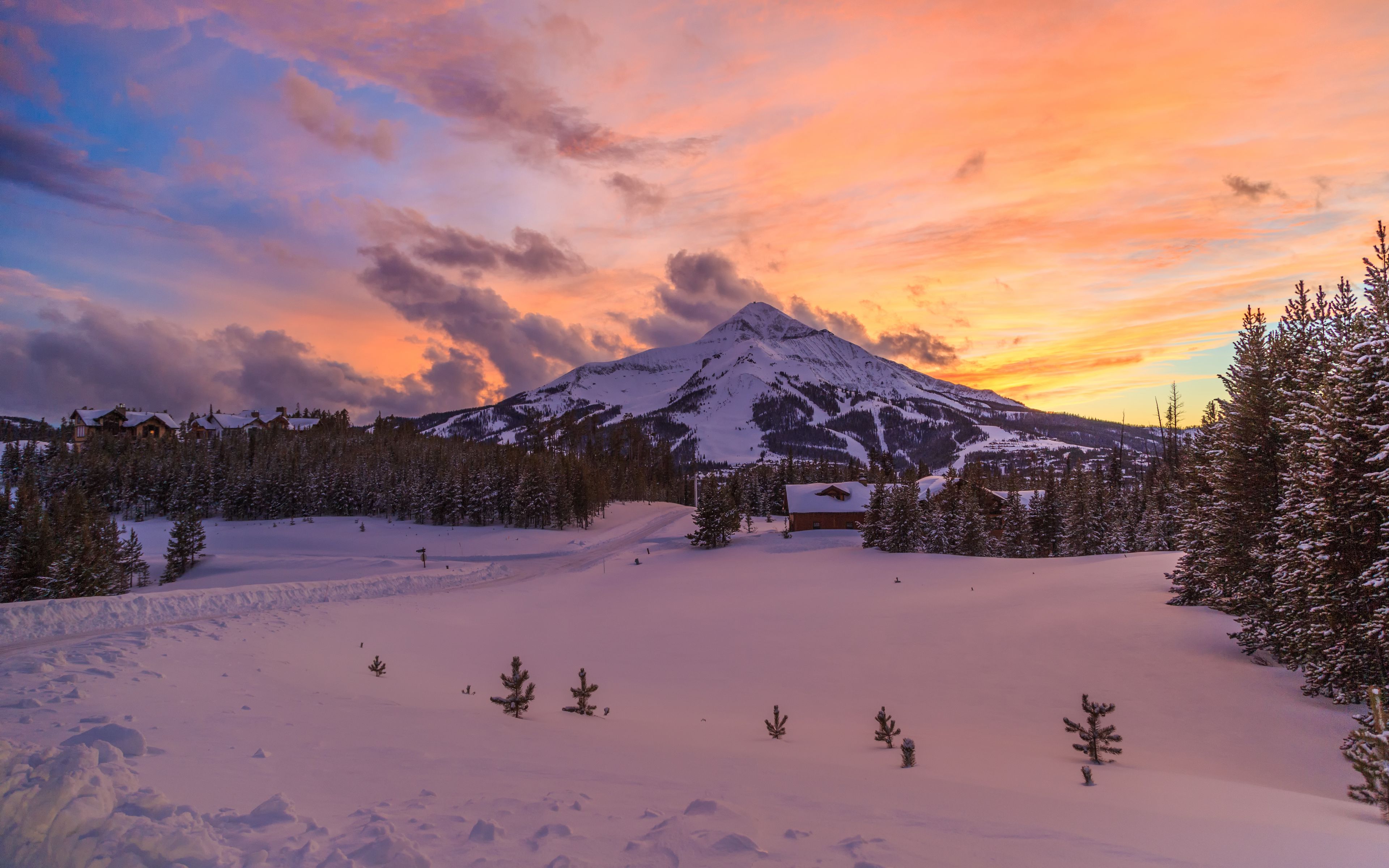 Wallpaper Mountain, Snow, Winter, Sunset, Montana HD Wallpaper