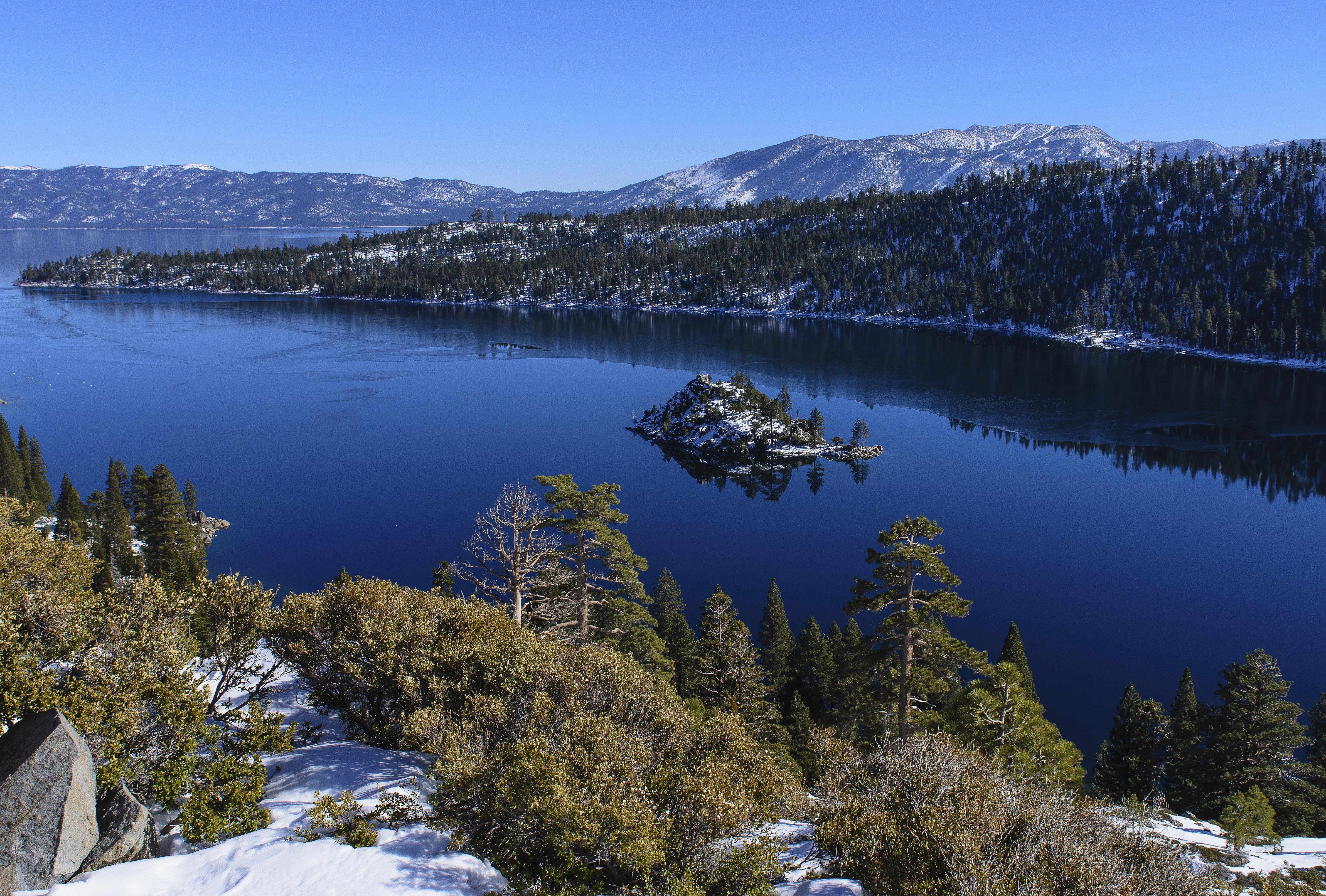 Wallpaper, California, blue, winter, mountain, lake, mountains, west, water, landscape, island, bay, day, view, scenic, tahoe, Sunny, scene, clear, western, Vista, emerald, fannette 4765x3220