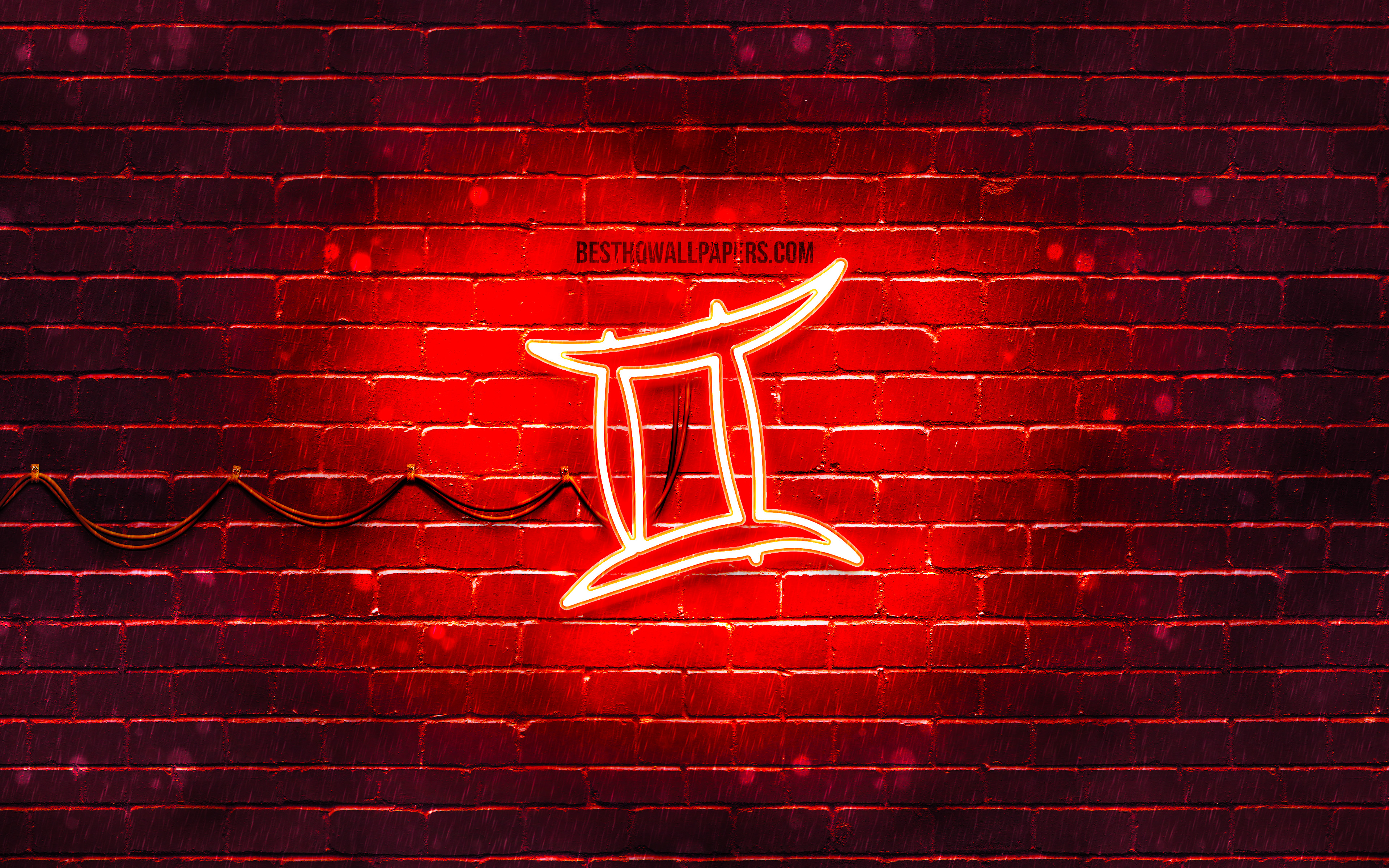 Download wallpaper Gemini neon sign, 4k, red brickwall, creative art, zodiac signs, Gemini zodiac symbol, Gemini zodiac sign, astrology, Gemini Horoscope sign, astrological sign, zodiac neon signs, Gemini for desktop with resolution