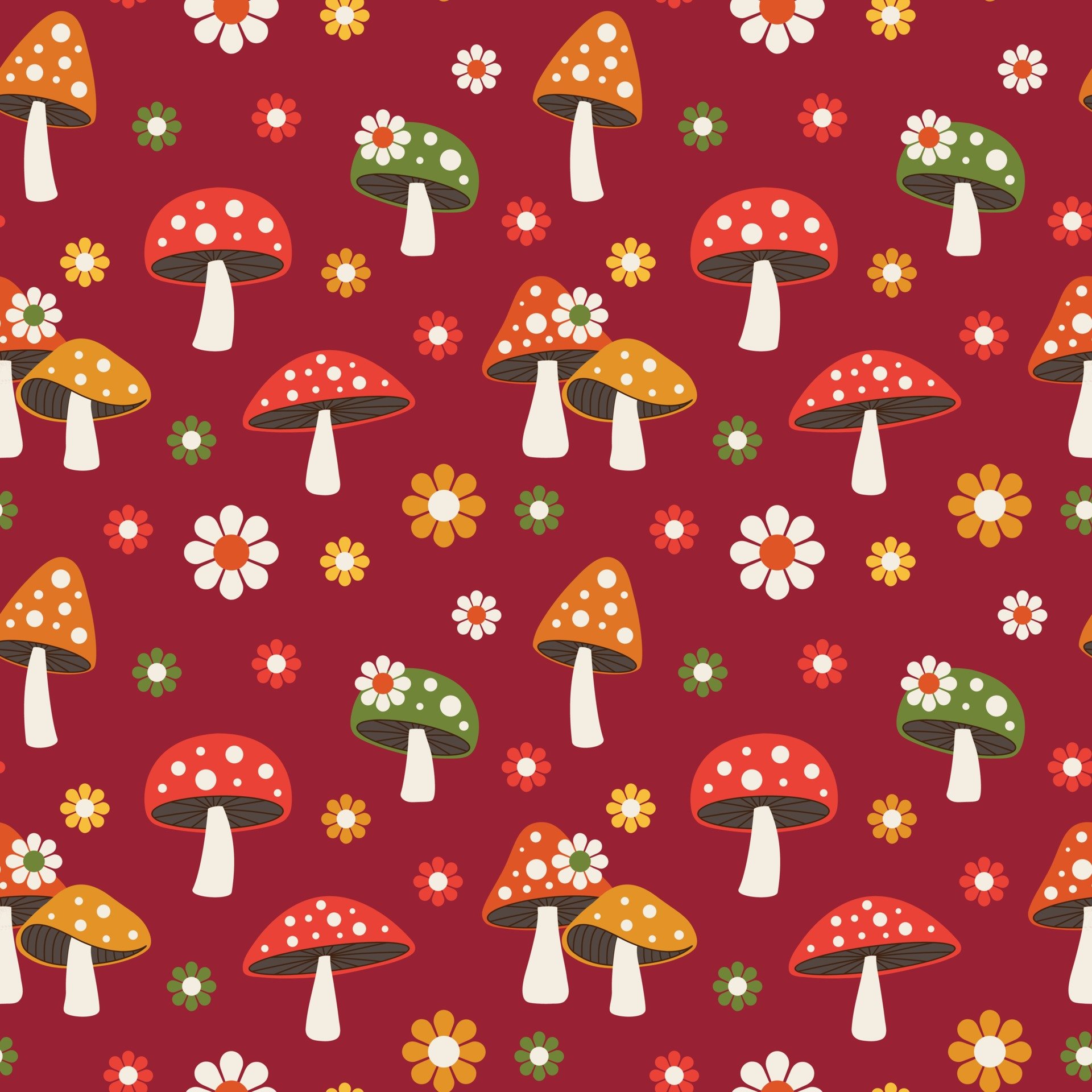 woodland mushroom and daisy seamless pattern on red background