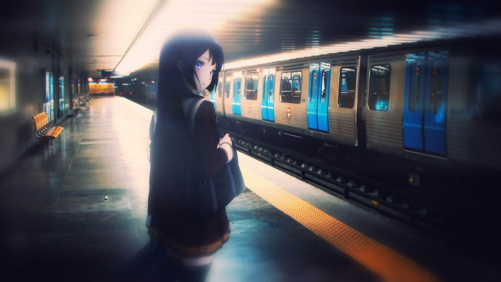 Anime Girls Metro Women School School Uniform Illustration Blurred Motion B...