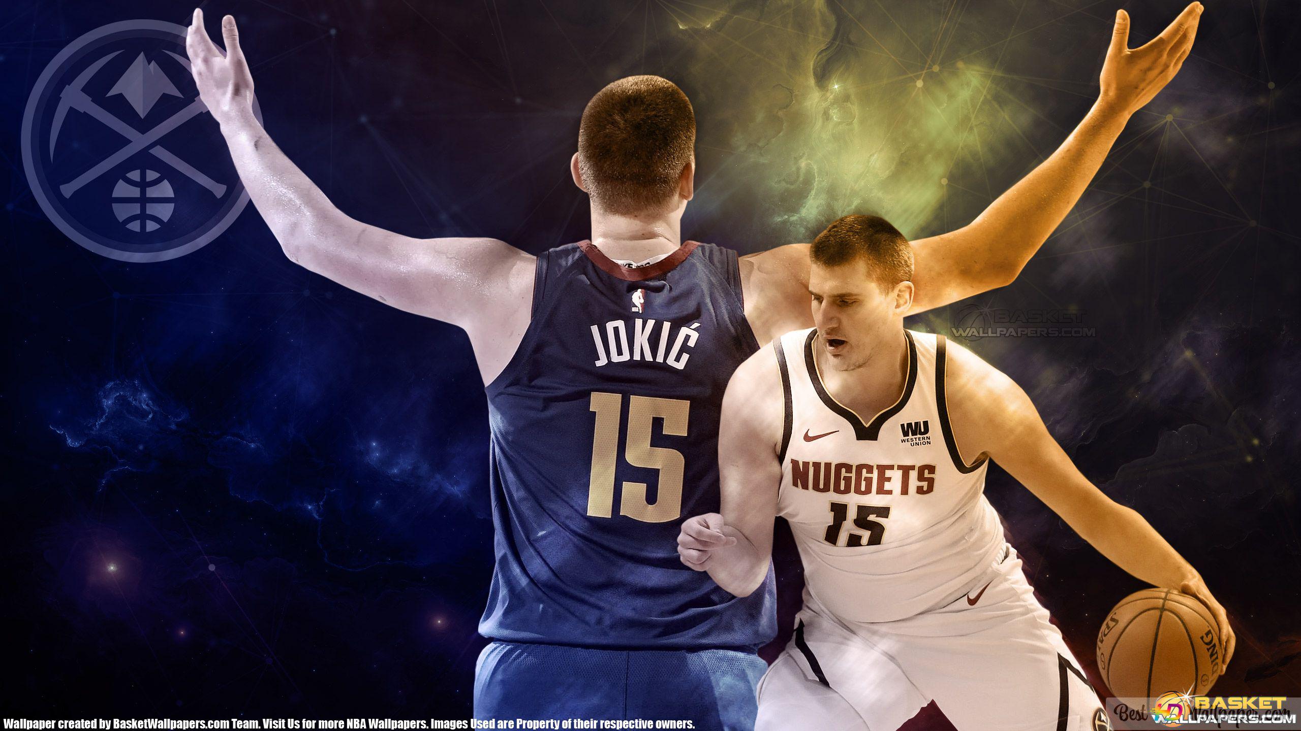 Nikola jokić with his hands up and dribbling a basketball HD wallpaper download