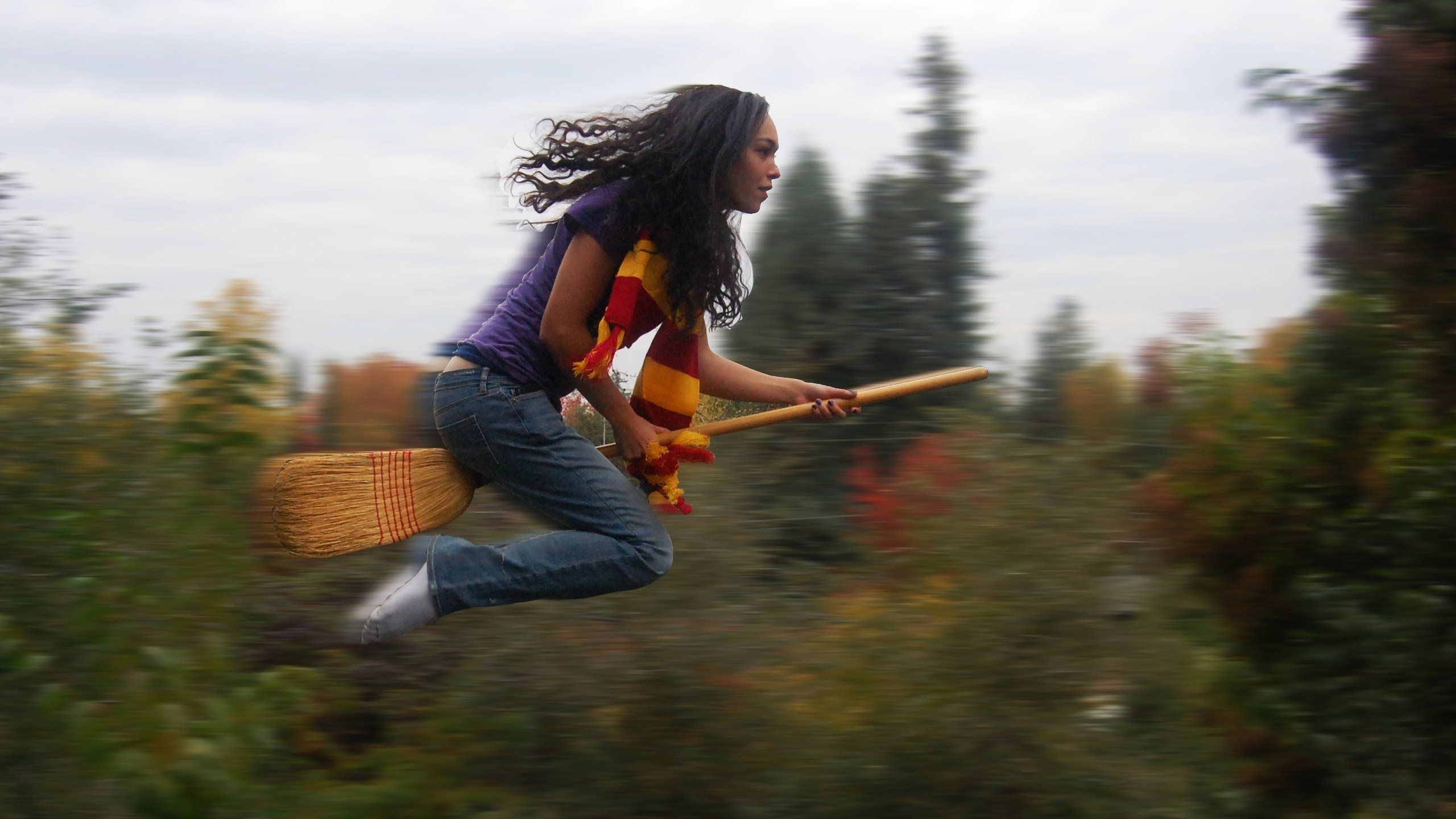 Wallpaper, trees, forest, nature, grass, sky, jumping, photography, flying, hair, scarf, Quidditch, vacation, Gryffindor, broom, January, tree, girl, Motion, blur, fun, adventure, recreation, hp, woody plant, harrypotter, flickrblog, gryffindorscarf