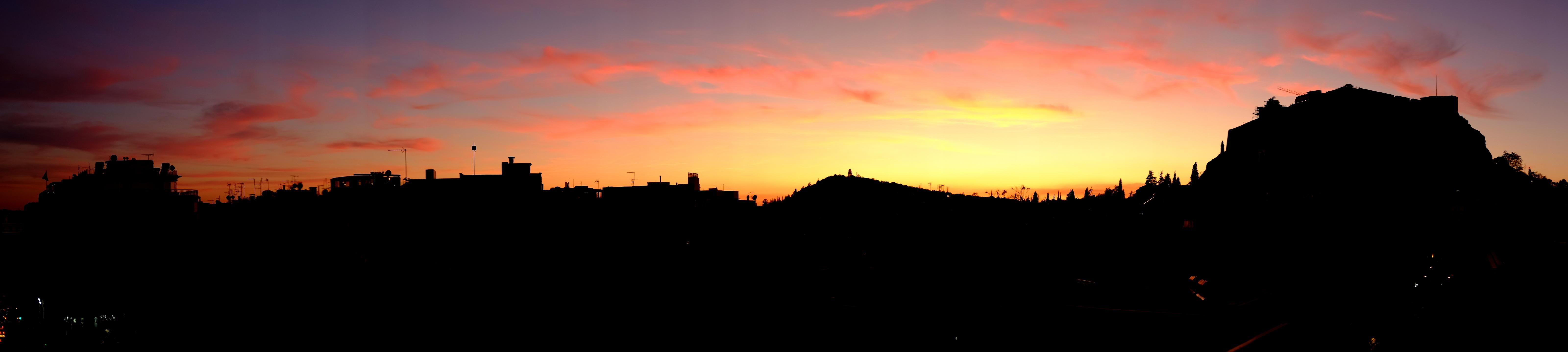 sunset over the skyline of Athens Greece [oc][6400x1440]. Sunset, Sky photo, Athens greece