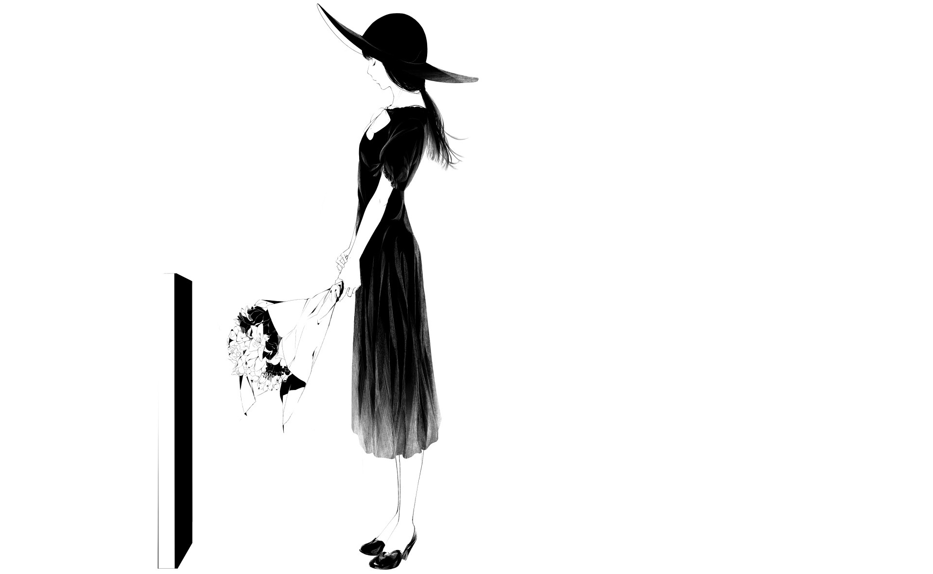 Wallpaper, drawing, women, monochrome, simple background, flowers, hat, artwork, white background, cartoon, sketch, costume design, fashion illustration 1920x1182