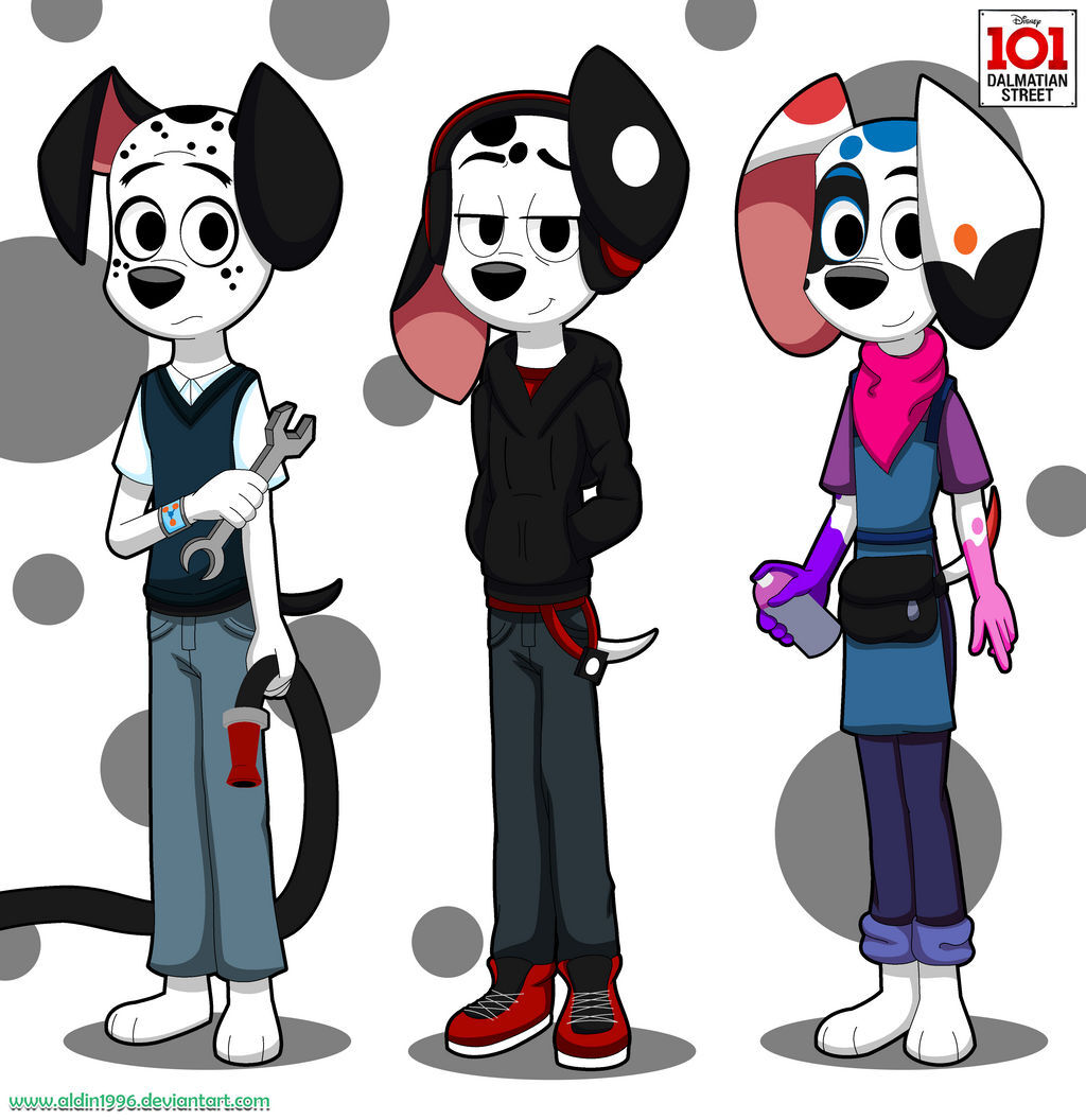 safe, artist:aldin1996, da vinci (101 dalmatian street), dawkins (101 dalmatian street), dj (101 dalmatian street), canine, dalmatian, dog, mammal, anthro, plantigrade anthro, 101 dalmatian street, 101 dalmatians, disney, female, male