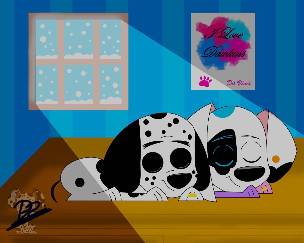 Dawkins and Da Vinci on a snowy morning dalmatians cartoon, 101 dalmatians, Disney artwork